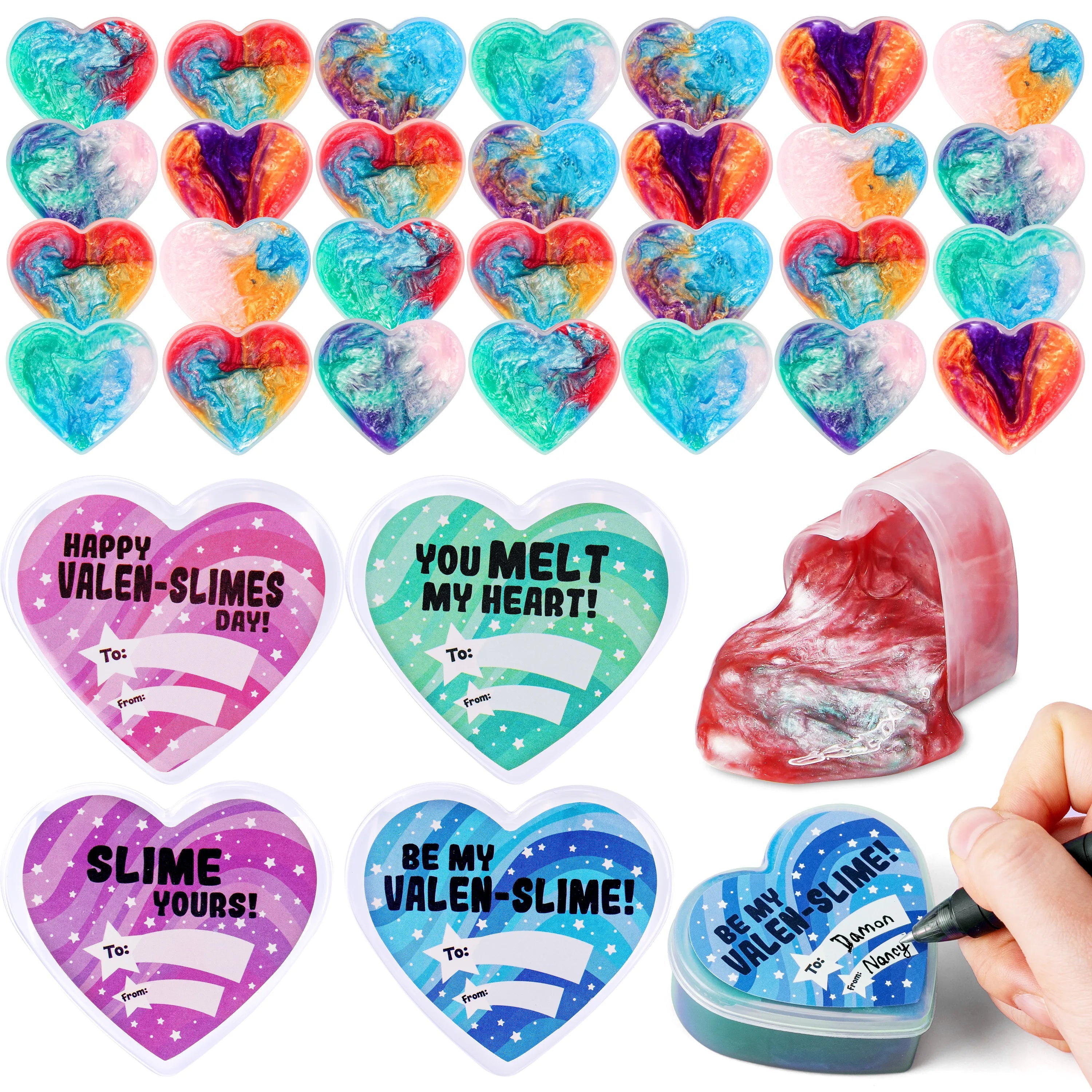 30 Cosmic Realm Slime Hearts with Kids Valentine's Cards for Classroom Exchange