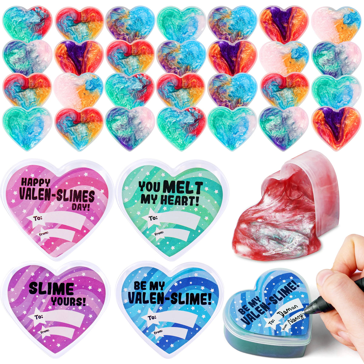 30 Cosmic Realm Slime Hearts with Kids Valentine's Cards for Classroom Exchange