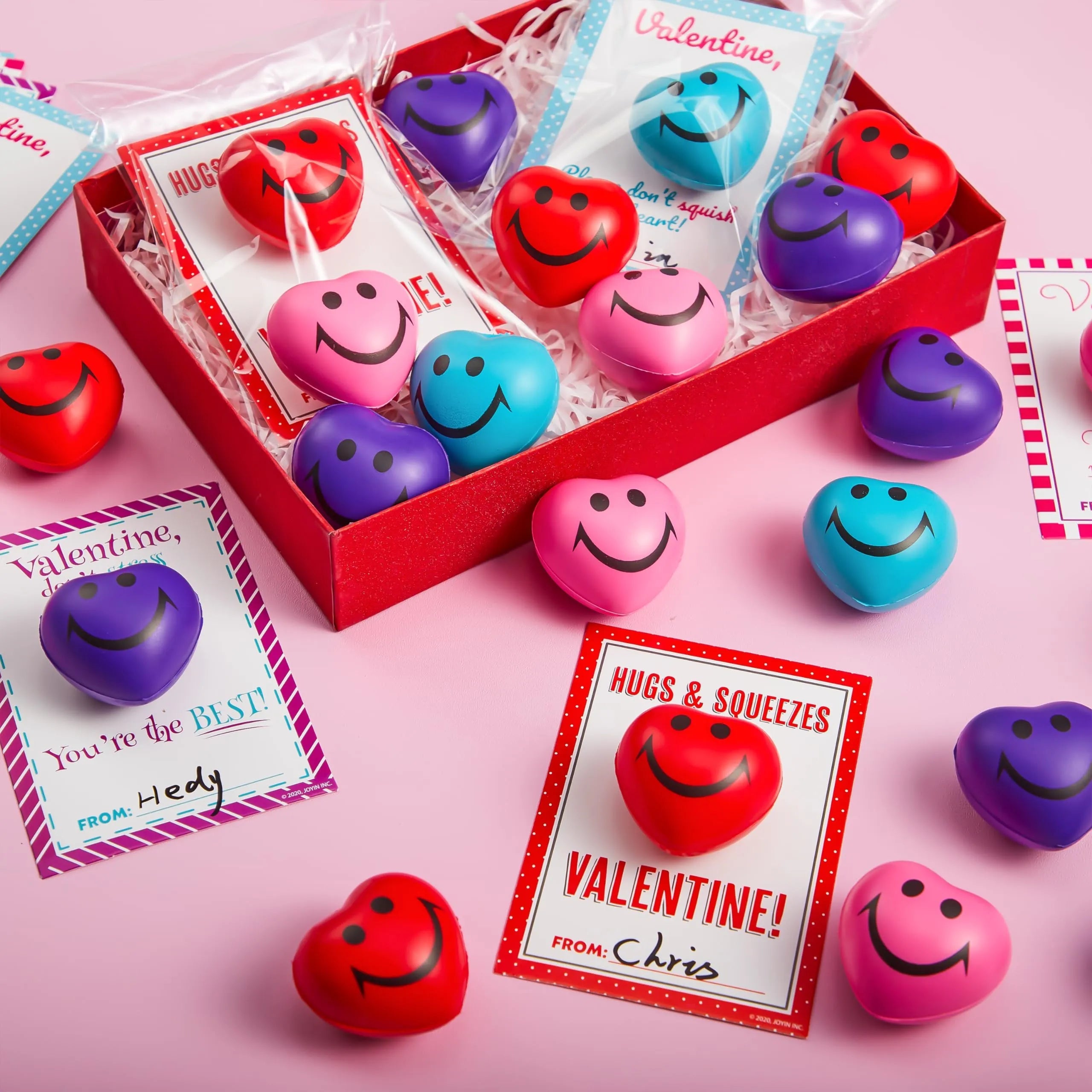 28 Heart-Shaped Squeeze Balls with Valentine's Day Cards for Kids Classroom Exchange Gifts