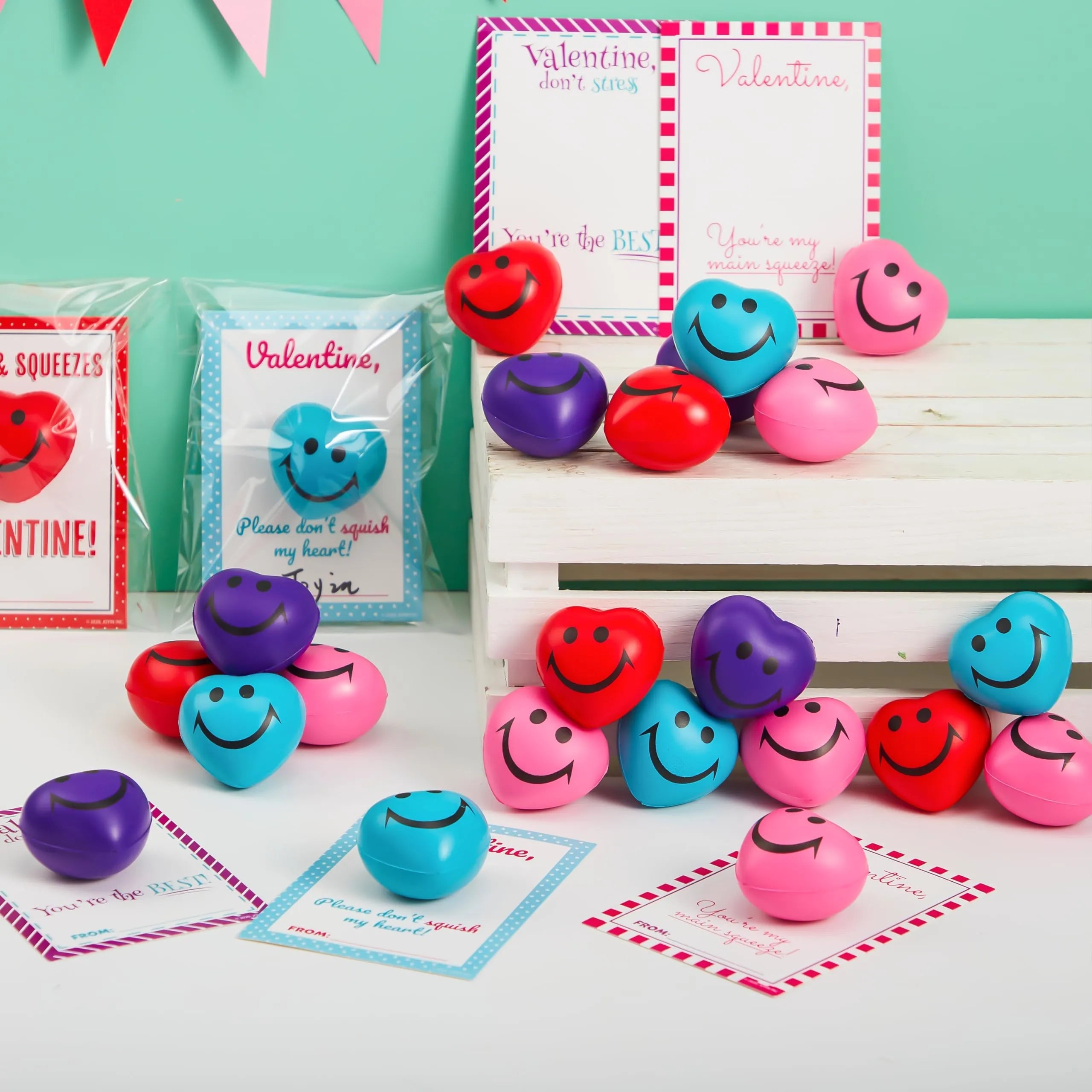 28 Heart-Shaped Squeeze Balls with Valentine's Day Cards for Kids Classroom Exchange Gifts