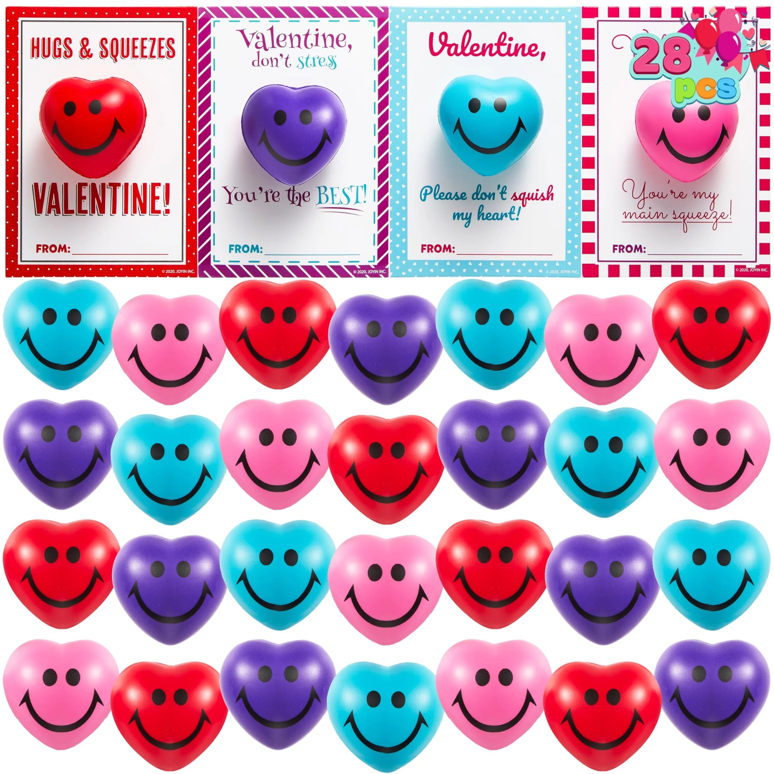 28 Heart-Shaped Squeeze Balls with Valentine's Day Cards for Kids Classroom Exchange Gifts