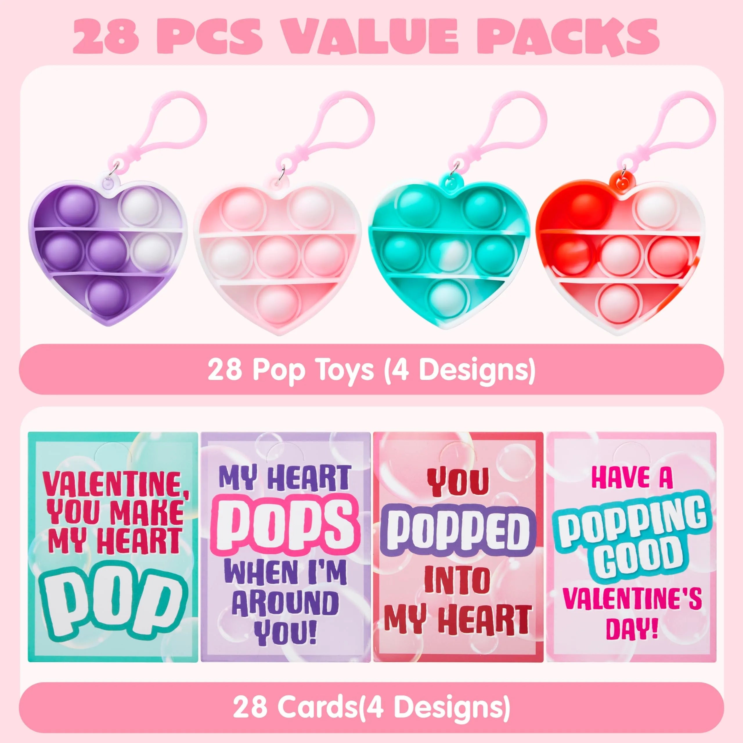 28 Heart-Shaped Pop Fidget Toys with Valentine's Day Cards for Kids Classroom Exchange Gifts