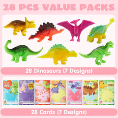 28Pcs Kids Valentine's Day Cards with Dinosaur Figure Toys - Classroom Exchange Gifts