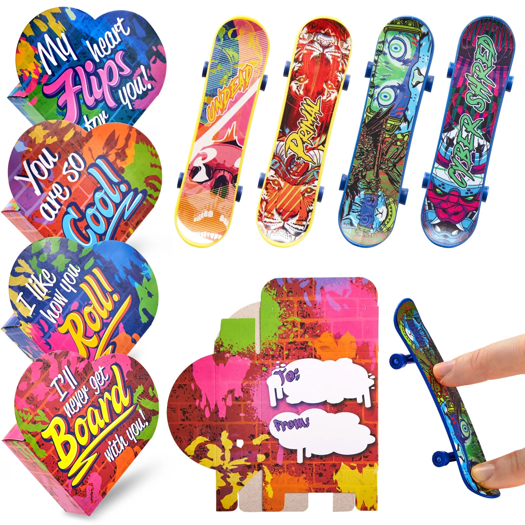 28 Mini Skateboards in Boxes with Kids Valentine's Cards for Classroom Exchange