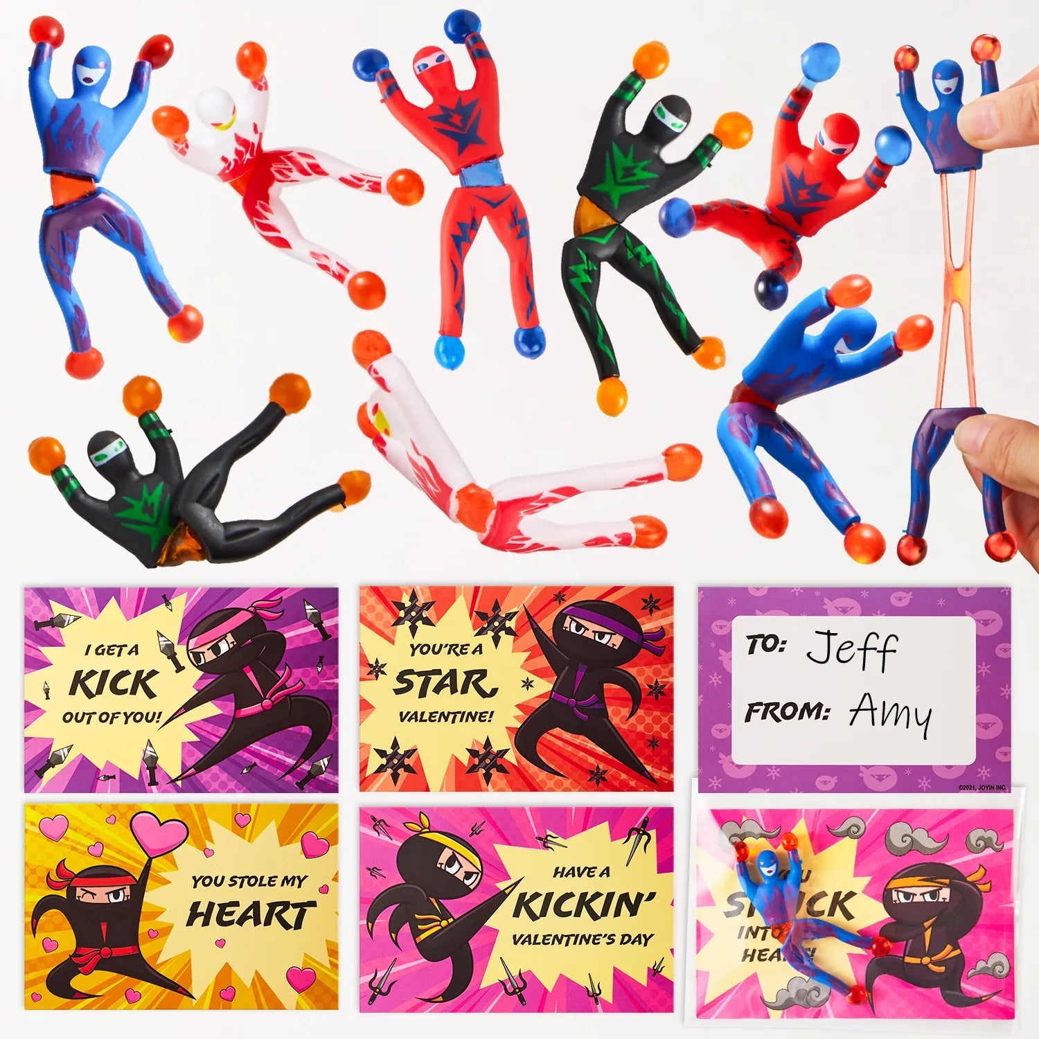 28 Pcs Sticky Climbing Ninja with Kids Valentine's Cards for Valentine Party Favors