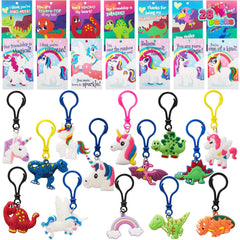 28-Piece Unicorn and Dinosaur Keychain Set with Valentine's Day Cards for Kids
