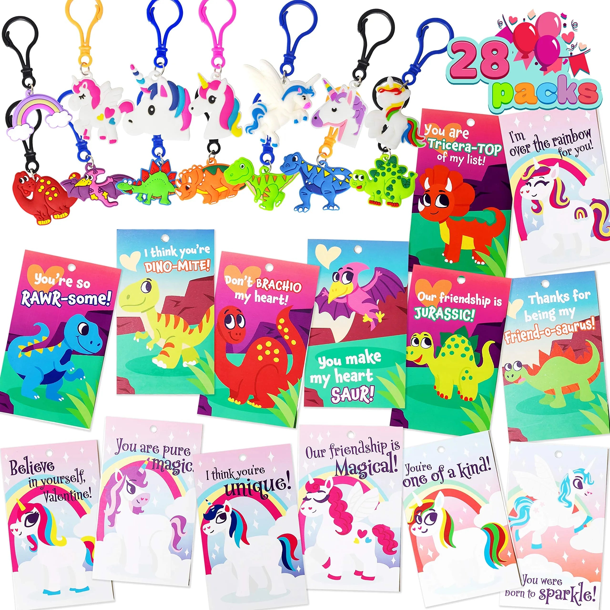 28-Piece Unicorn and Dinosaur Keychain Set with Valentine's Day Cards for Kids