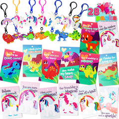 28-Piece Unicorn and Dinosaur Keychain Set with Valentine's Day Cards for Kids