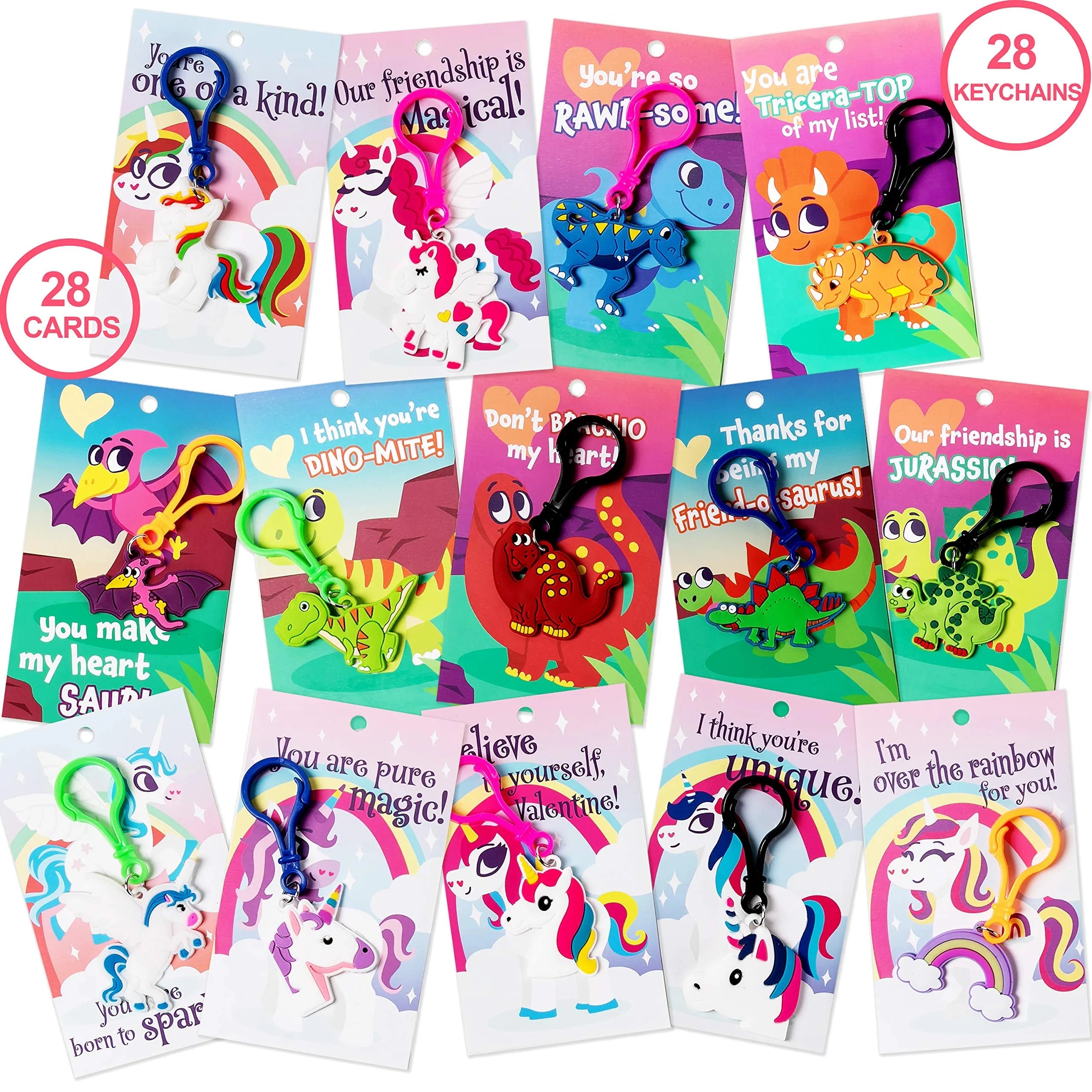 28-Piece Unicorn and Dinosaur Keychain Set with Valentine's Day Cards for Kids
