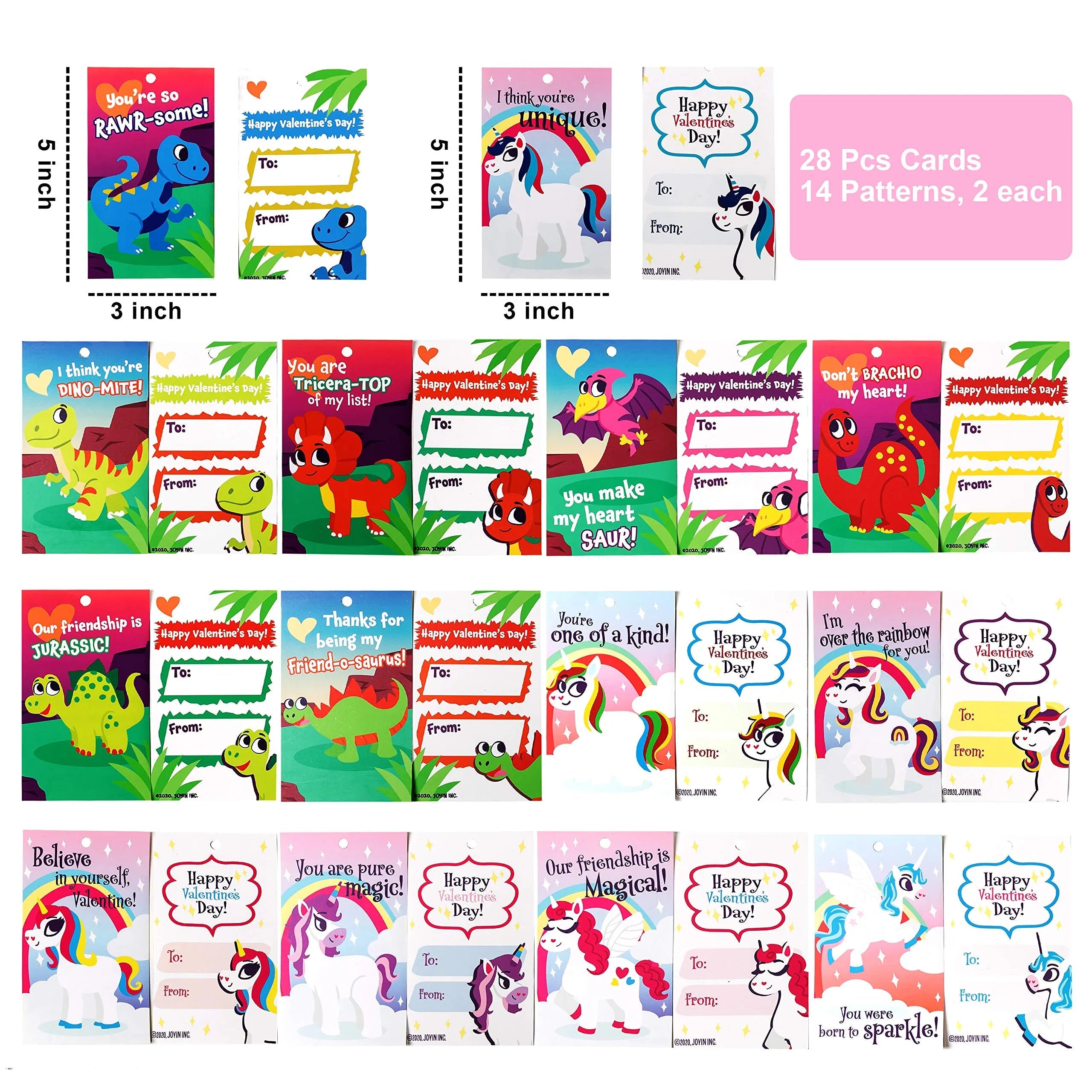 28-Piece Unicorn and Dinosaur Keychain Set with Valentine's Day Cards for Kids