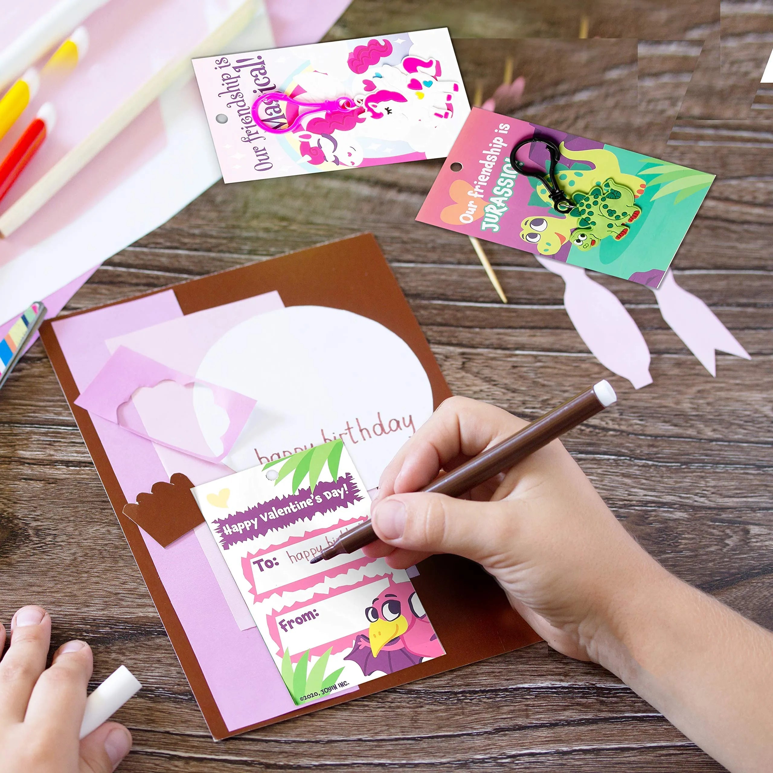 28-Piece Unicorn and Dinosaur Keychain Set with Valentine's Day Cards for Kids