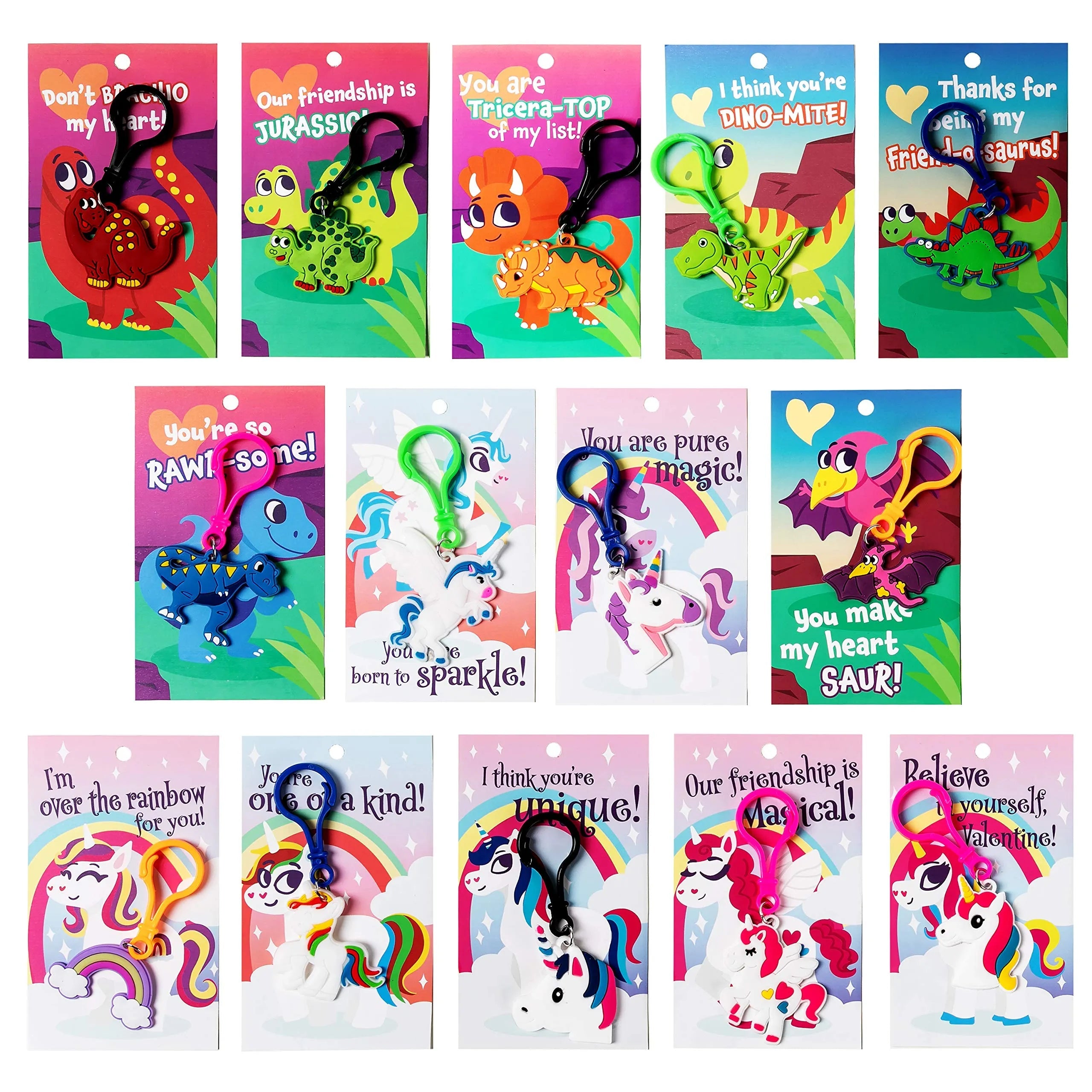28-Piece Unicorn and Dinosaur Keychain Set with Valentine's Day Cards for Kids