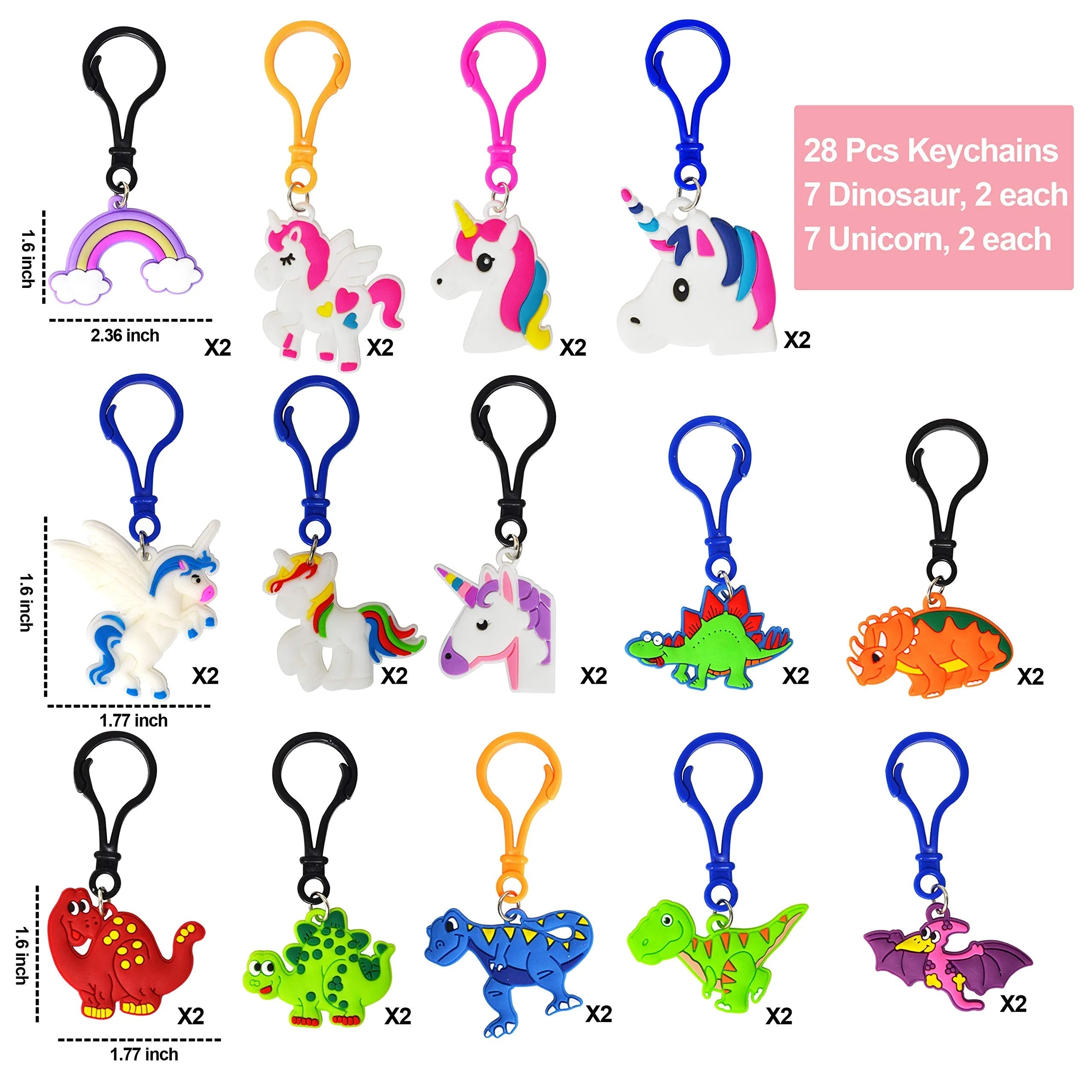 28-Piece Unicorn and Dinosaur Keychain Set with Valentine's Day Cards for Kids