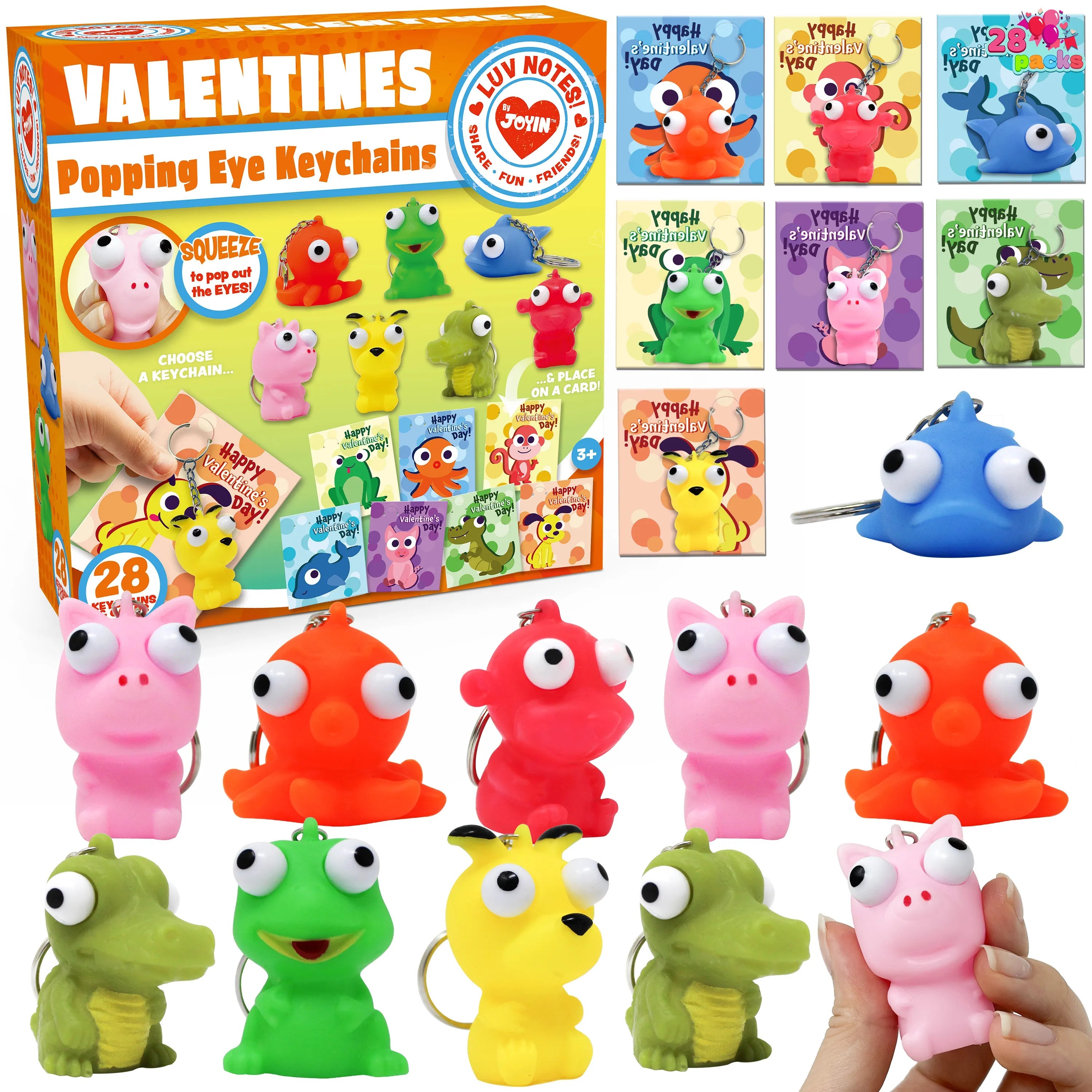 28Pcs Animal Keychains with Bulging Eyes and Kids Valentines Cards
