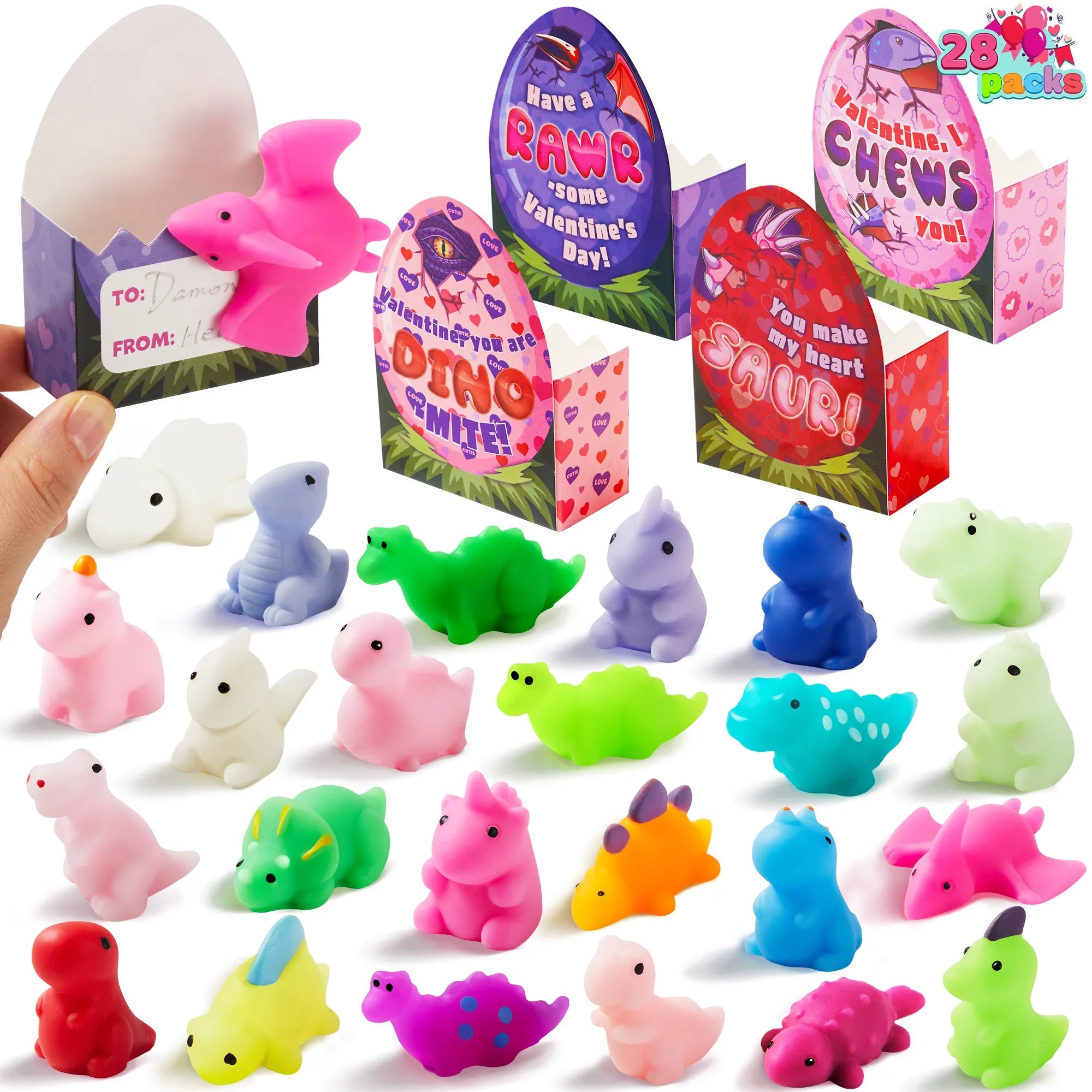28-Pack Dinosaur Mochi Squishy Toys with Boxes - Valentine's Day Cards for Kids