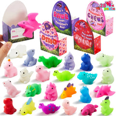 28-Pack Dinosaur Mochi Squishy Toys with Boxes - Valentine's Day Cards for Kids
