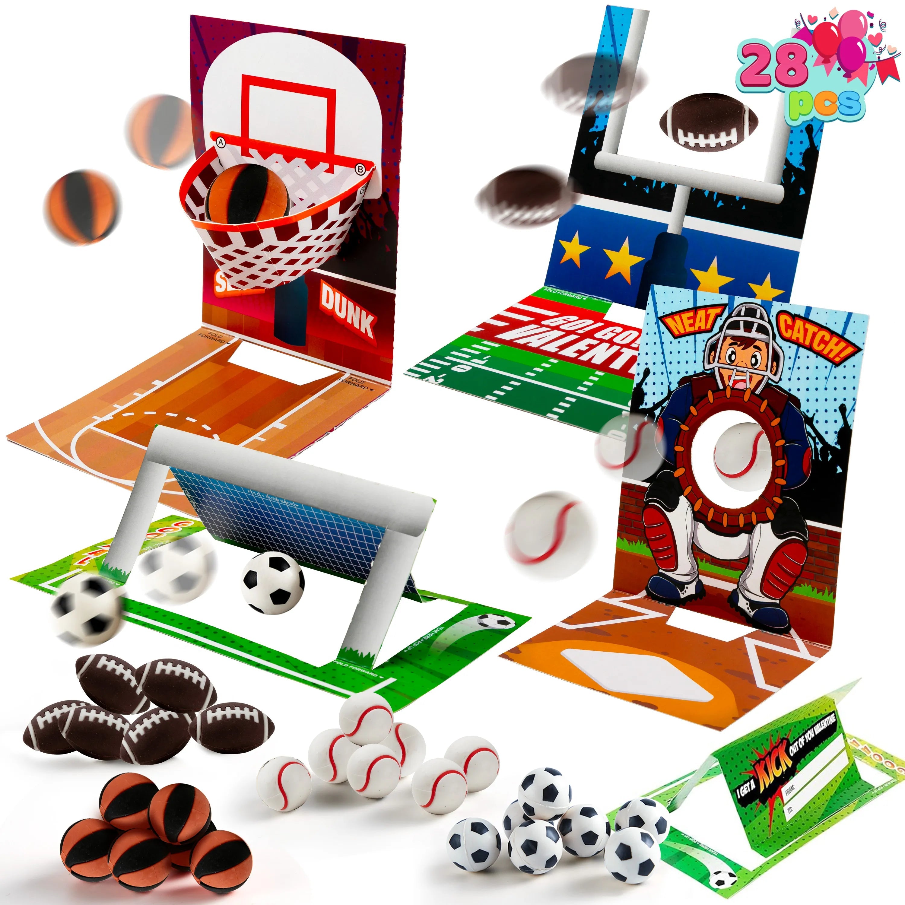 28 Sports Game Erasers with Valentine's Cards for Classroom Exchange