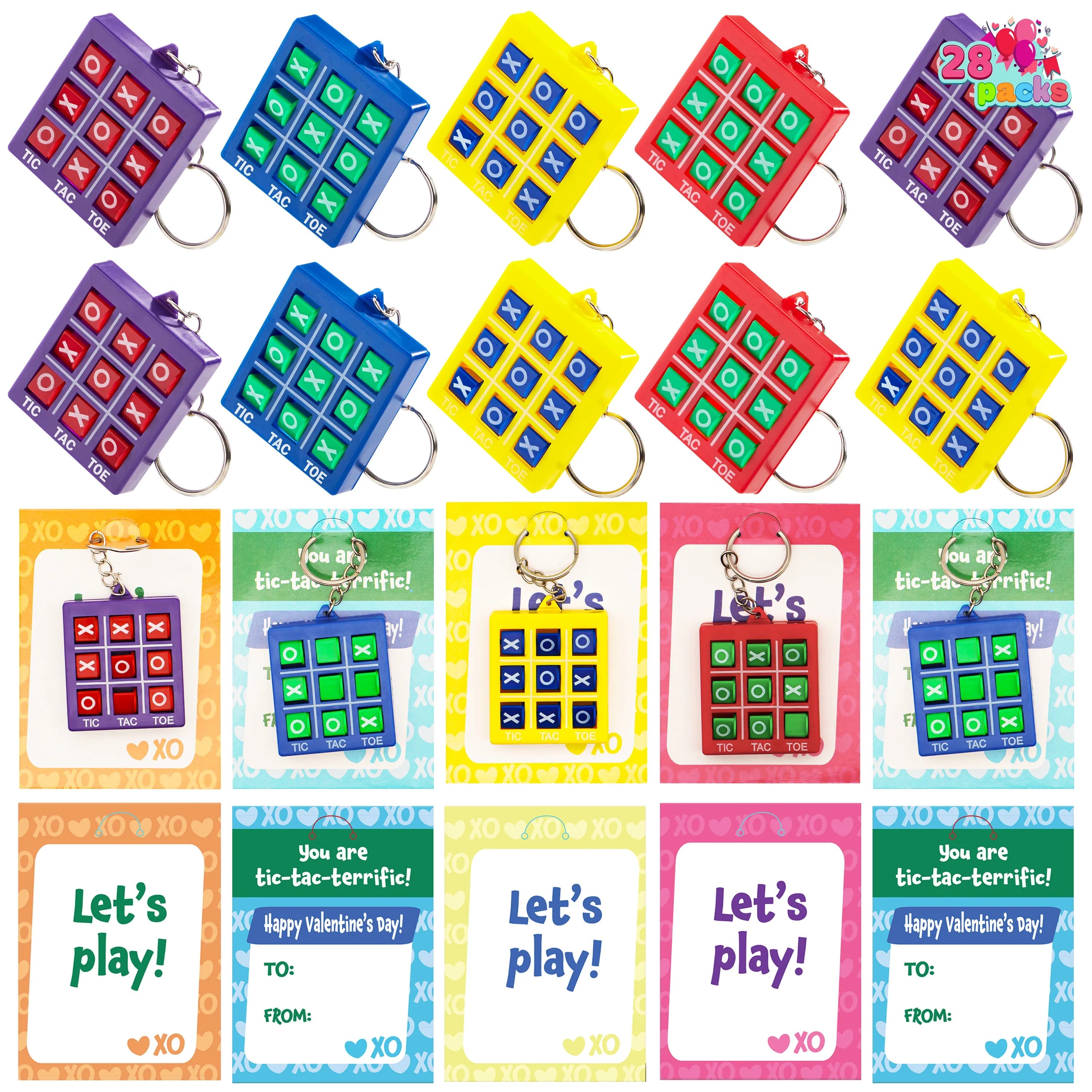 28-Piece Tic-Tac-Toe Keychain Gifts with Valentine's Cards for Classroom Exchange