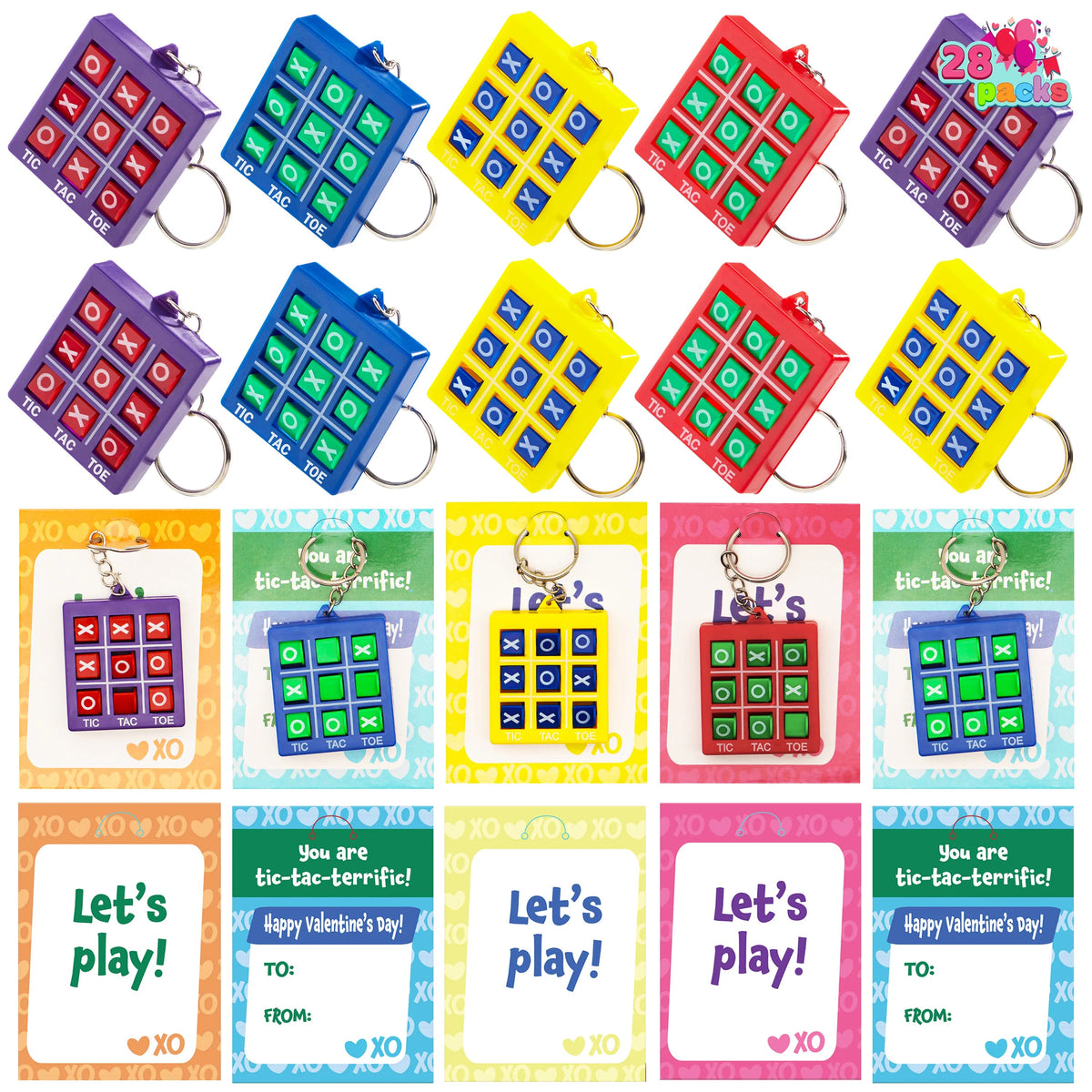 28-Piece Tic-Tac-Toe Keychain Gifts with Valentine's Cards for Classroom Exchange