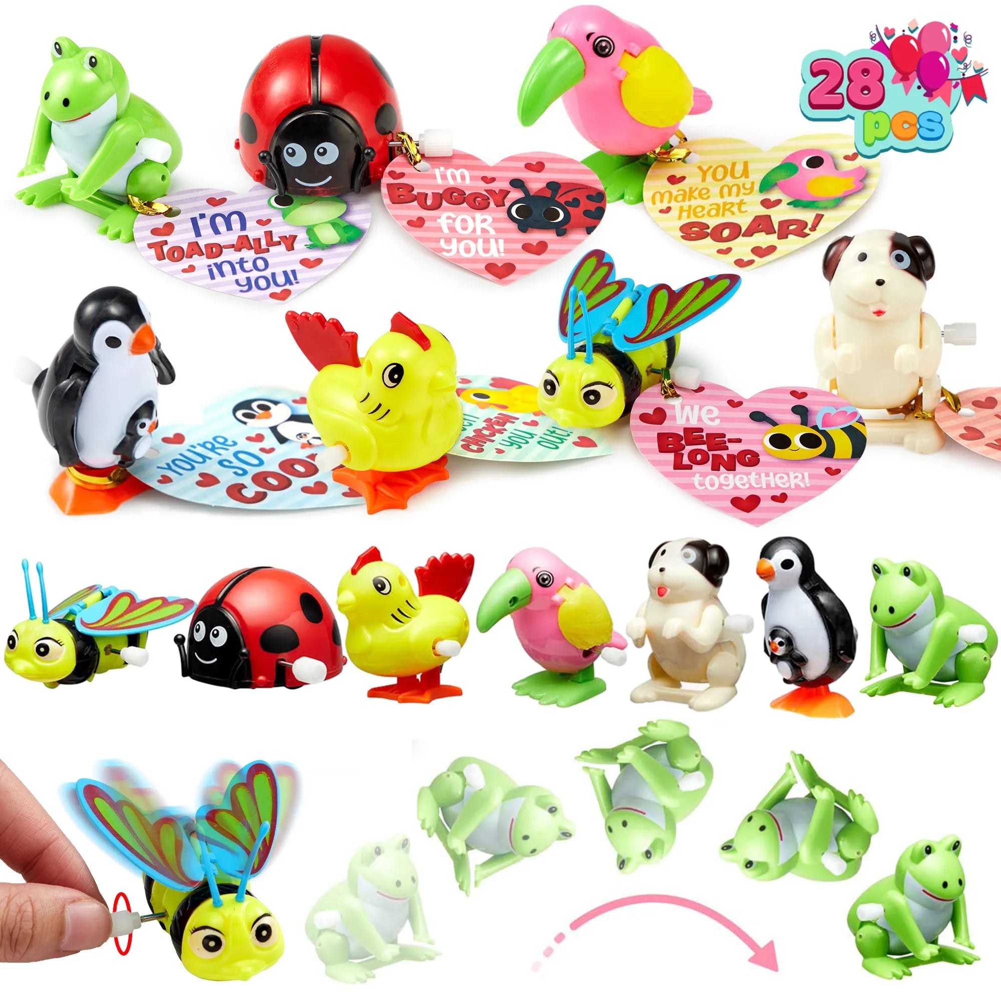 28-Pack Wind-Up Toys with Valentine's Day Cards for Kids' Party Favors