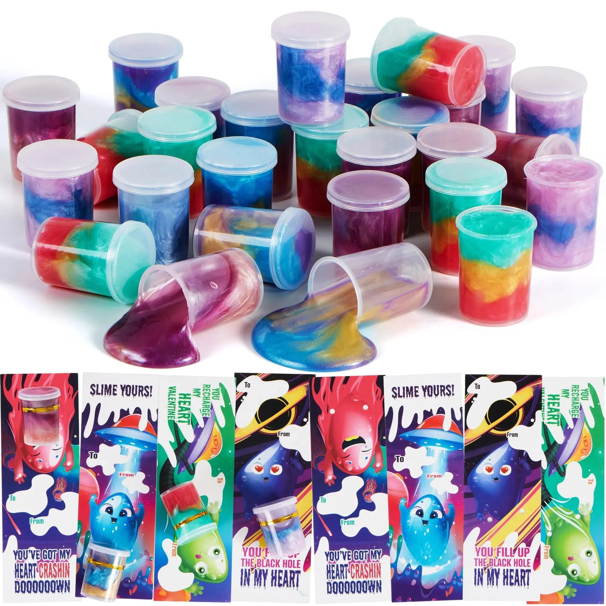 28-Pack Kids Valentine's Cards with Cosmic Realm Slime - Classroom Exchange Gifts