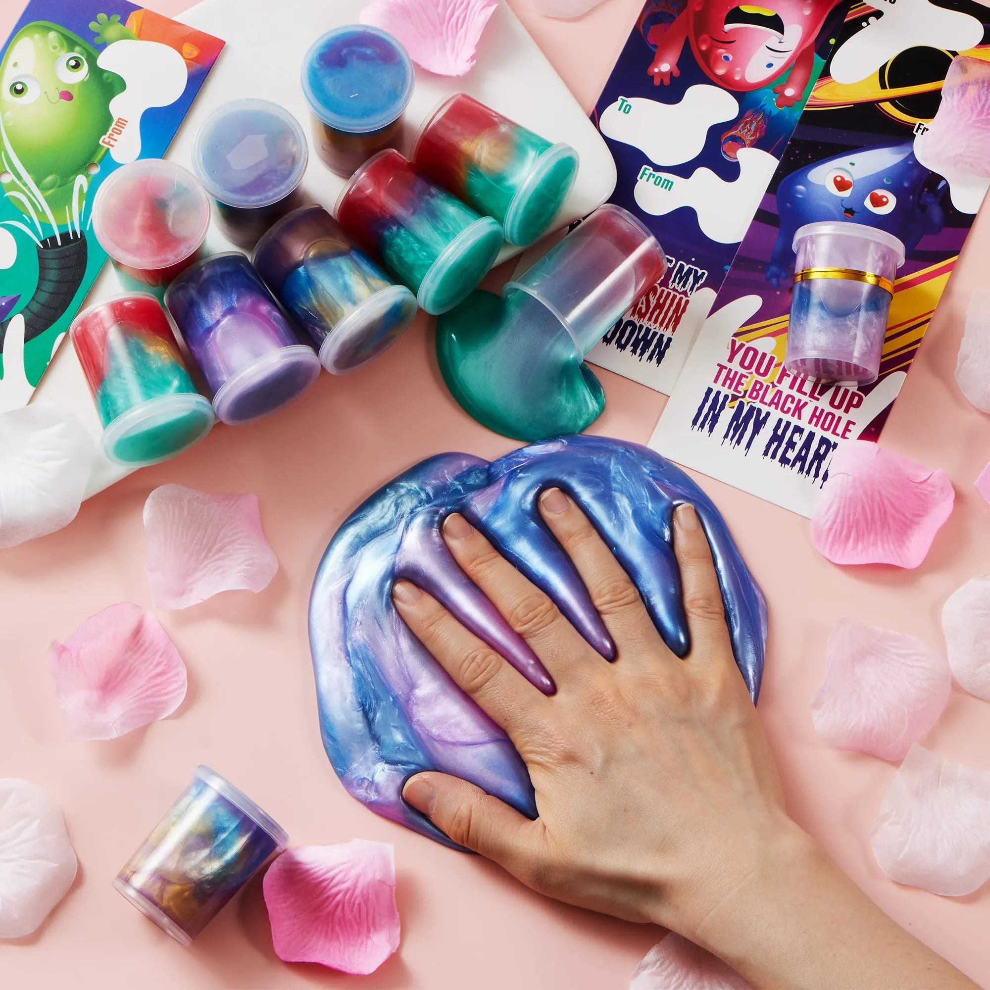 28-Pack Kids Valentine's Cards with Cosmic Realm Slime - Classroom Exchange Gifts
