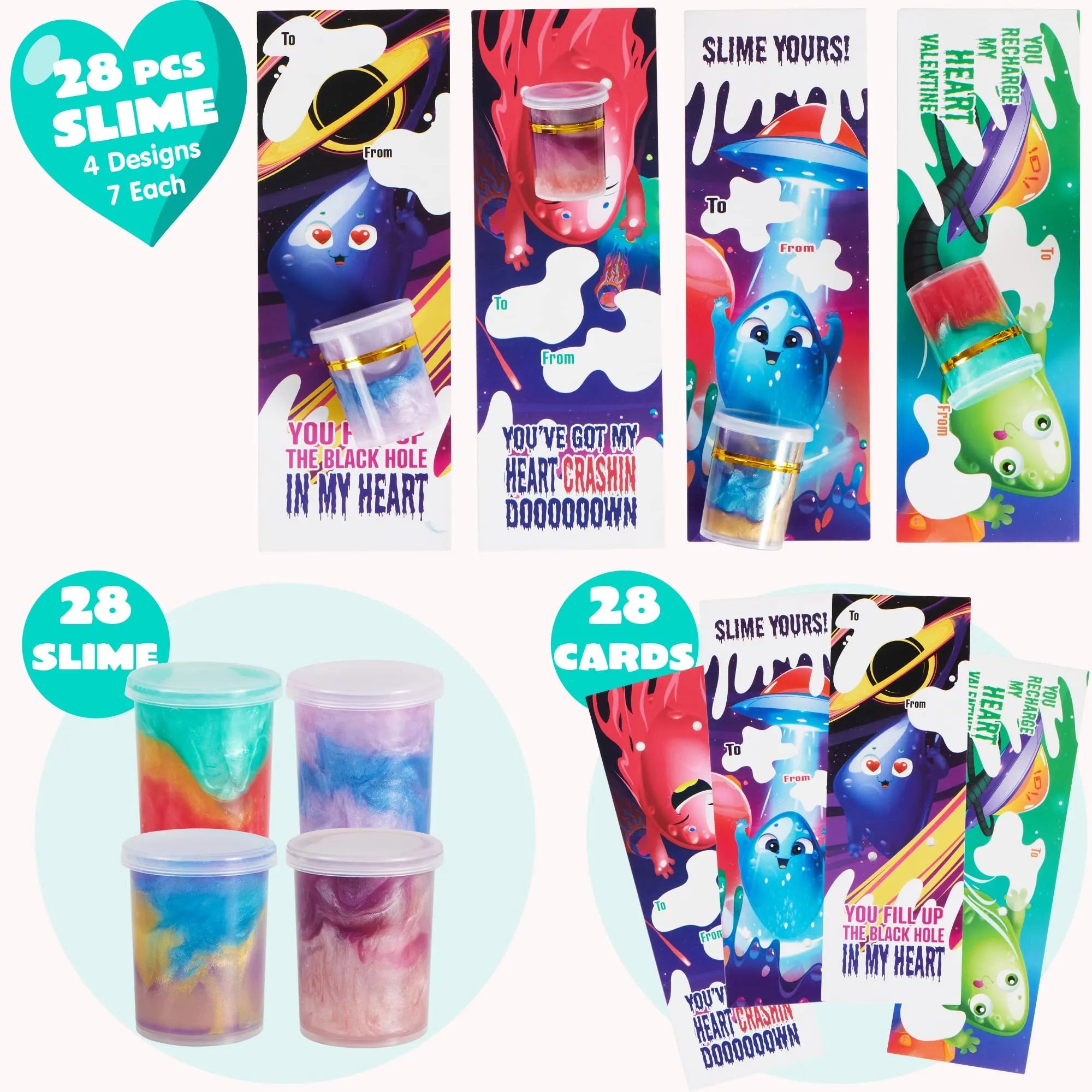 28-Pack Kids Valentine's Cards with Cosmic Realm Slime - Classroom Exchange Gifts