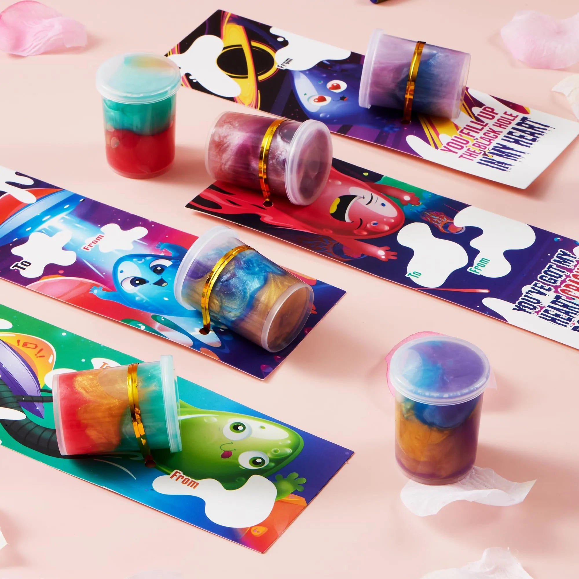 28-Pack Kids Valentine's Cards with Cosmic Realm Slime - Classroom Exchange Gifts