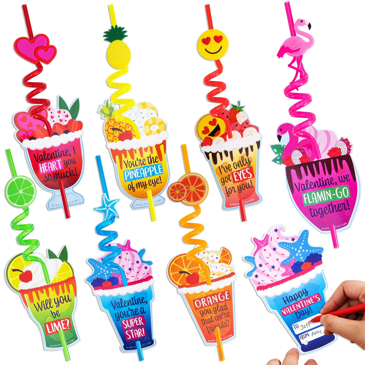 28 Reusable Drinking Straws with Kids' Valentine Cards for Valentine Party Favors