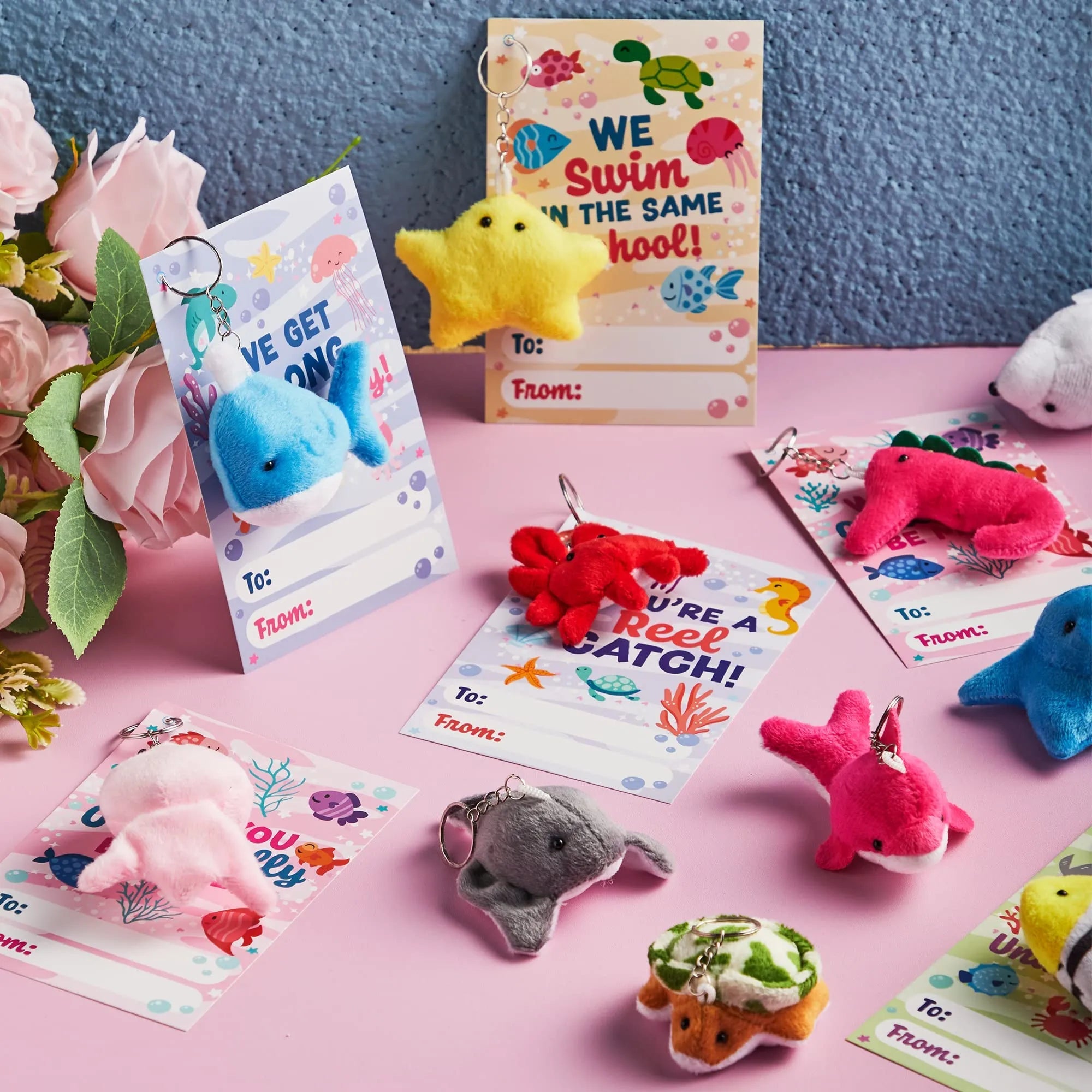 28 Sea Animals Mini Plush Keychain with Pull Back Car Vehicle Toys-Classroom Exchange Gifts