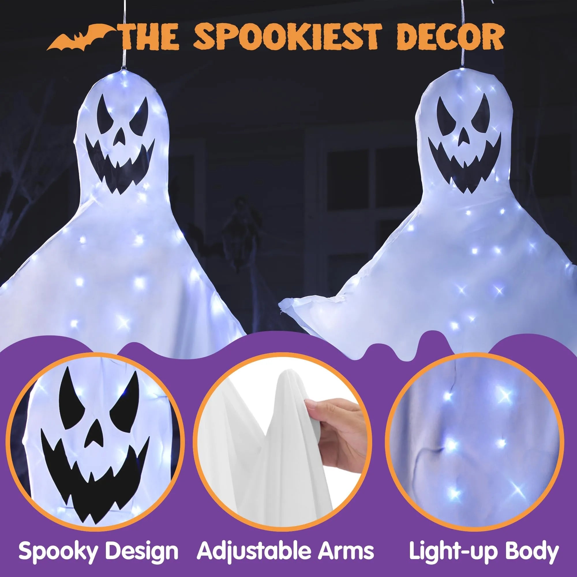 2-Pack 55-Inch Halloween Light-Up Windsock Hanging Ghost with 80 White Lights