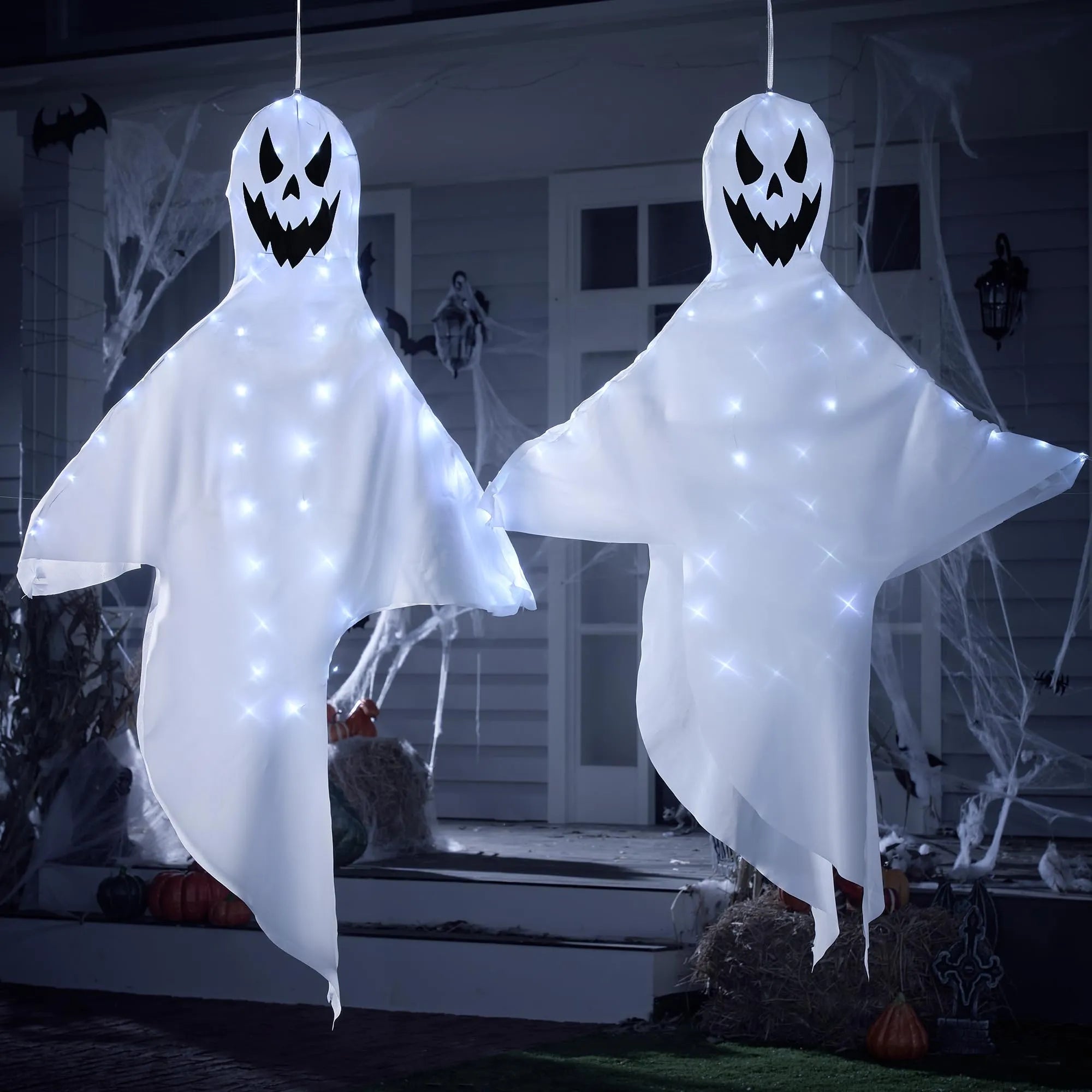 2-Pack 55-Inch Halloween Light-Up Windsock Hanging Ghost with 80 White Lights