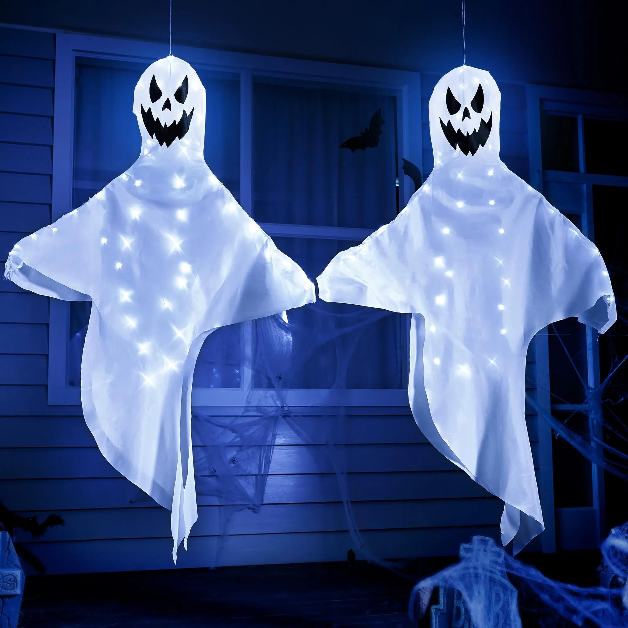 2-Pack 55-Inch Halloween Light-Up Windsock Hanging Ghost with 80 White Lights