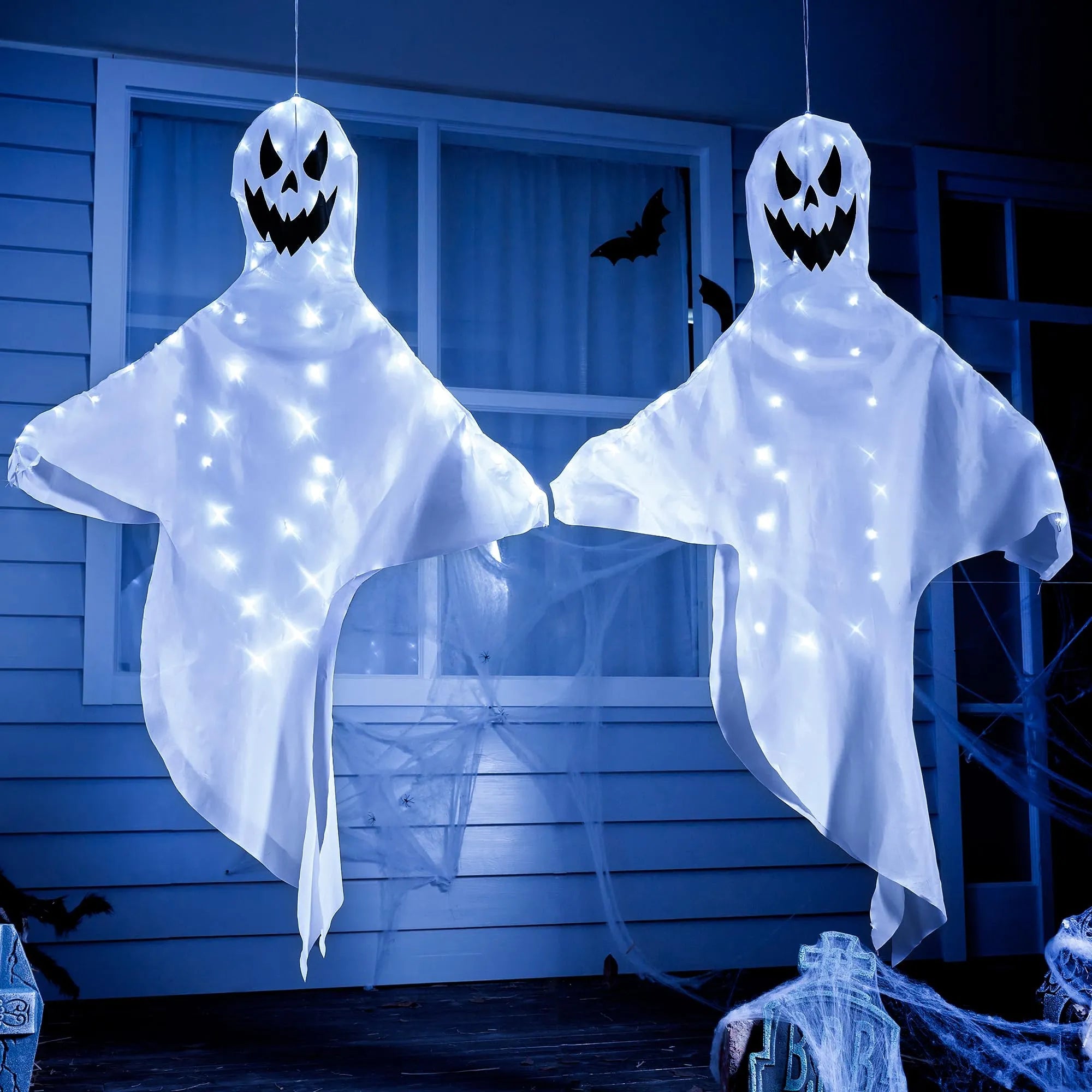 2-Pack 55-Inch Halloween Light-Up Windsock Hanging Ghost with 80 White Lights
