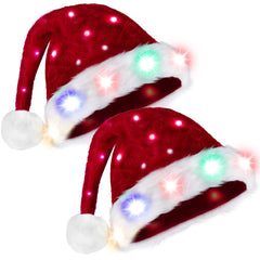 2-Pack Light-Up Christmas Santa Elf Hats for Adults with Pom Poms and Colorful Lights