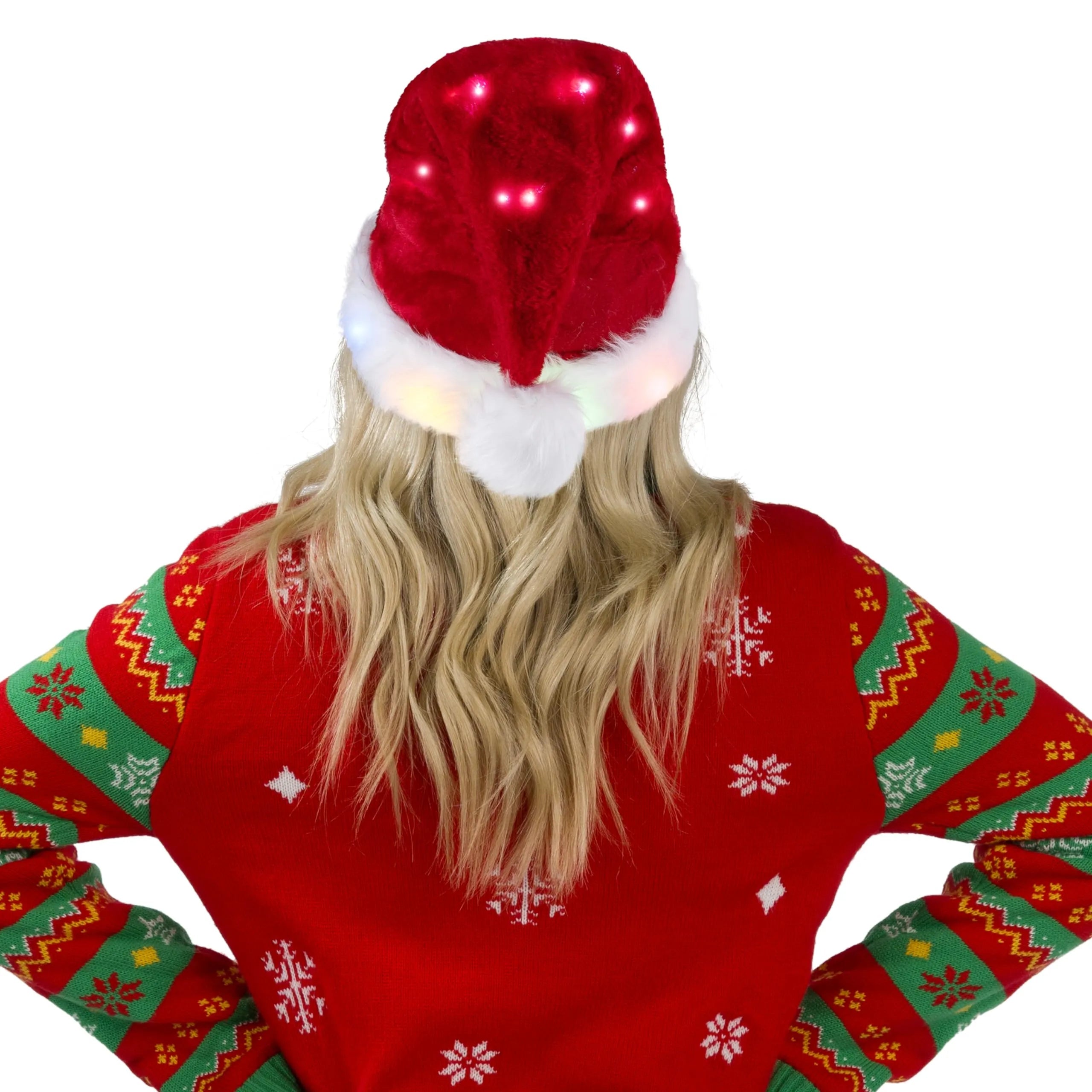 2-Pack Light-Up Christmas Santa Elf Hats for Adults with Pom Poms and Colorful Lights