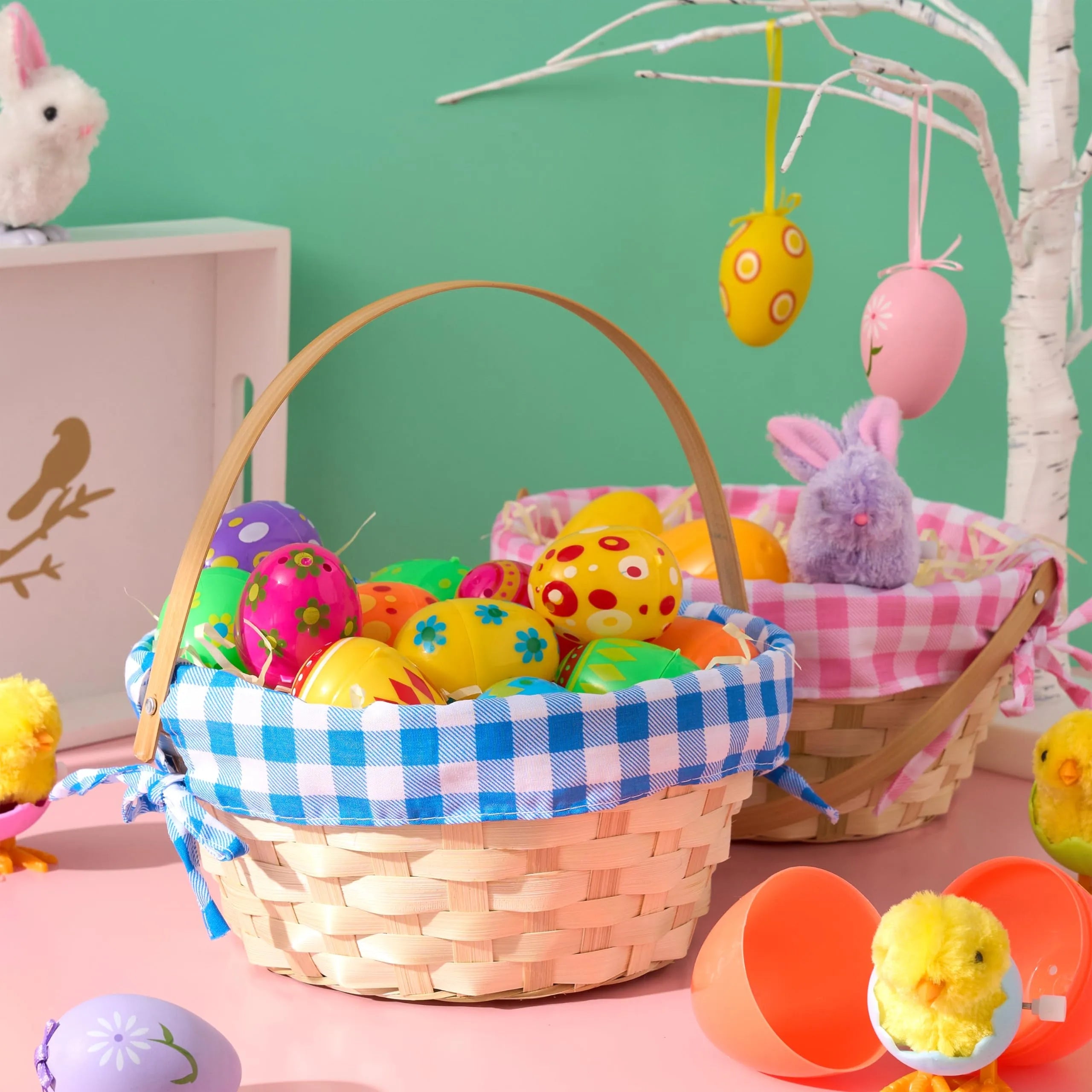 Set of 2 Easter Bamboo Woven Goodie Baskets with Handles for Party Treats and Picnics