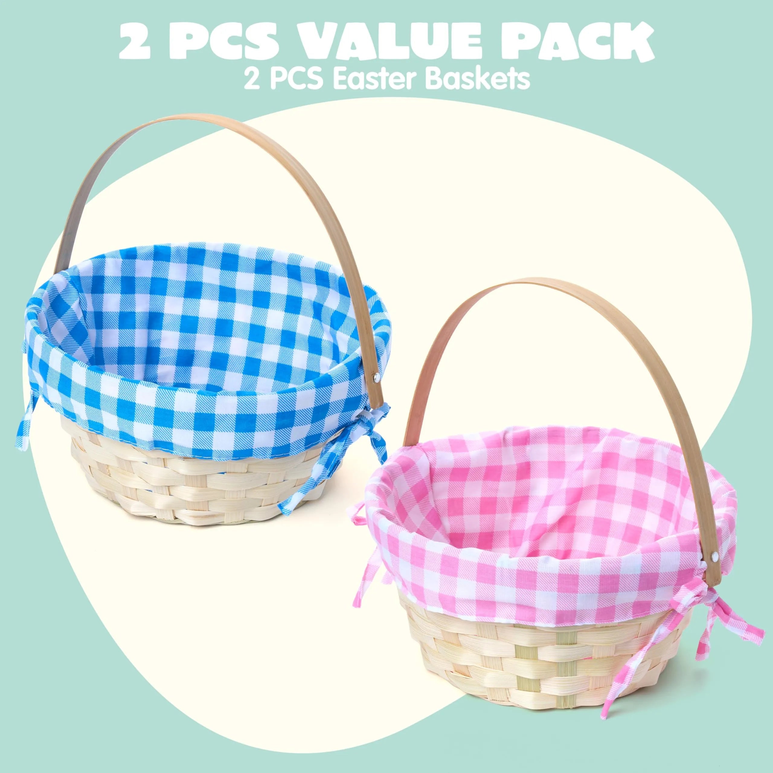 Set of 2 Easter Bamboo Woven Goodie Baskets with Handles for Party Treats and Picnics