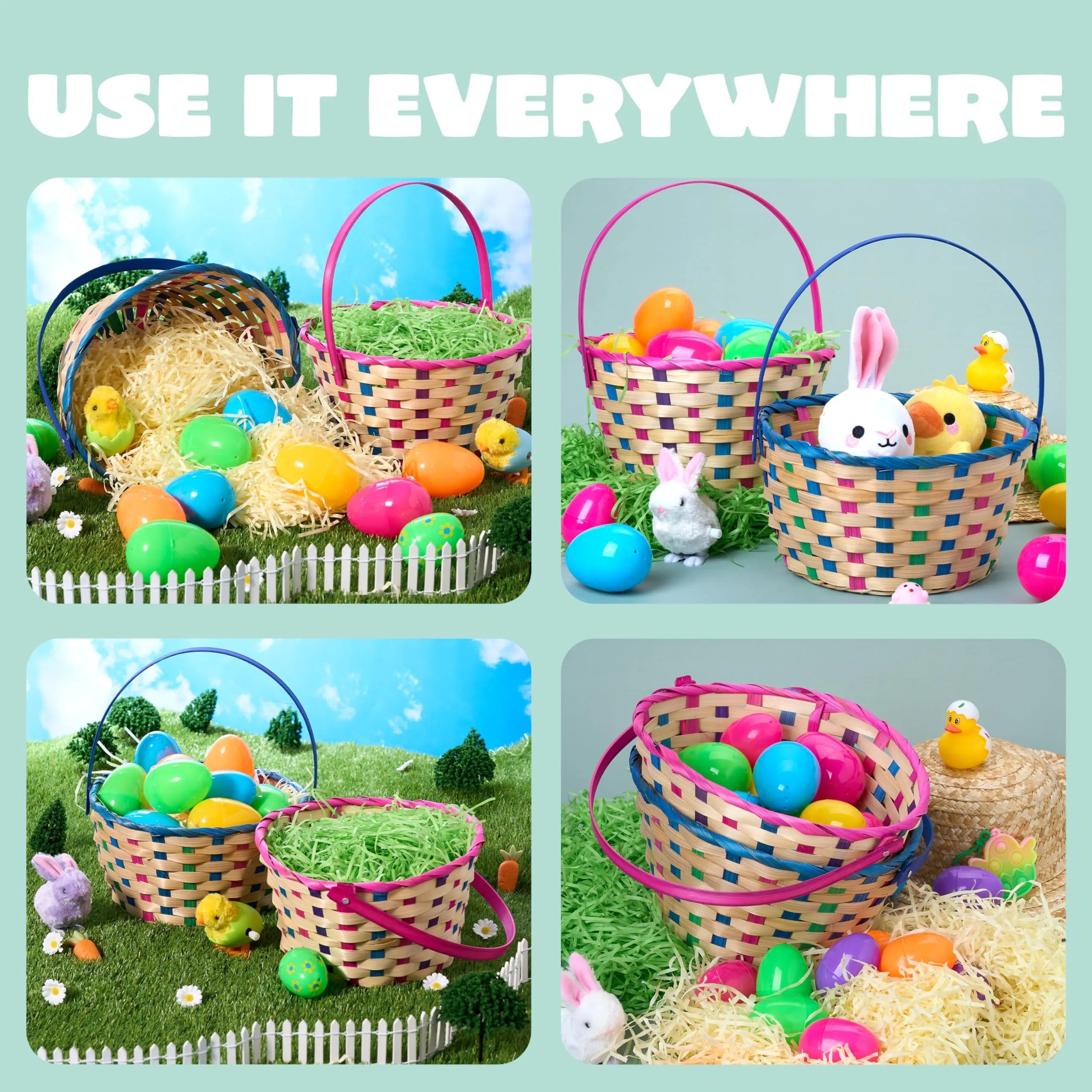 2-Pack Easter Blue & Pink Round Bamboo Woven Gift Basket with Foldable Handle
