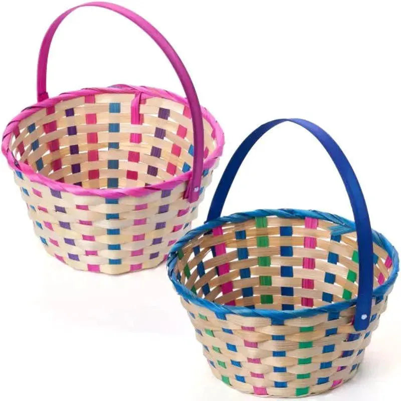 2-Pack Easter Blue & Pink Round Bamboo Woven Gift Basket with Foldable Handle