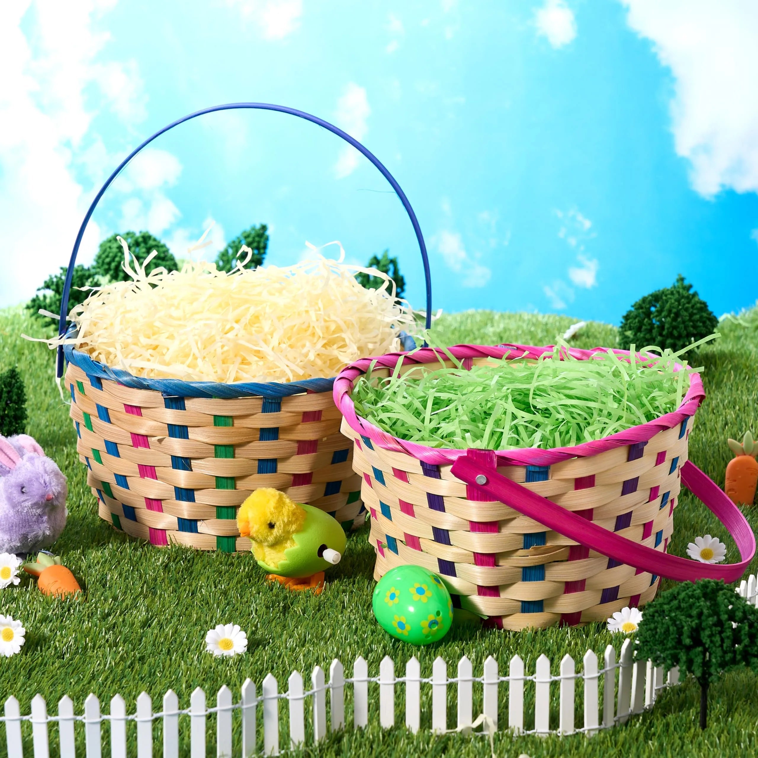 2-Pack Easter Blue & Pink Round Bamboo Woven Gift Basket with Foldable Handle
