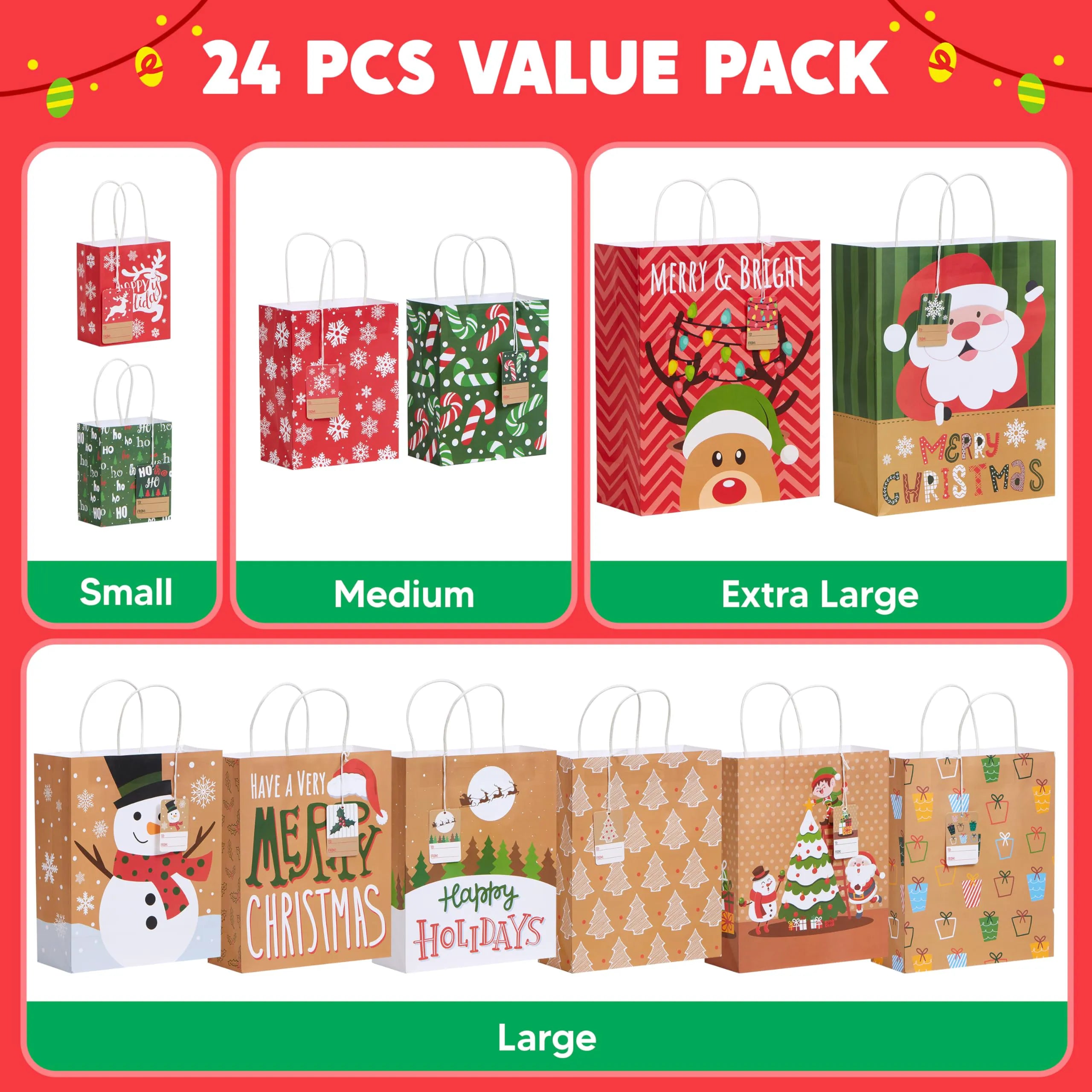 24 Pack Christmas White Kraft Gift Bags