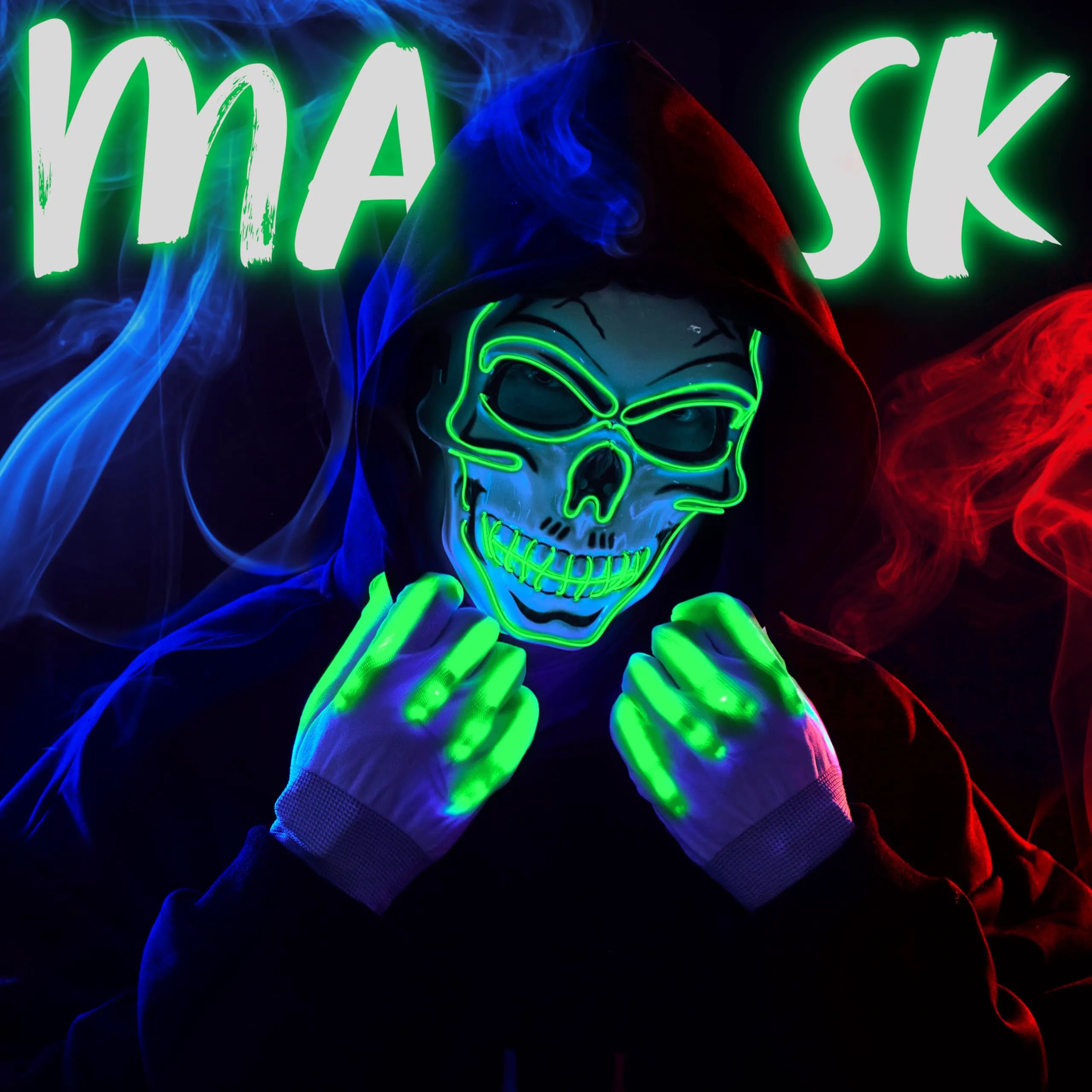 Green Halloween LED Skull Mask with Light-Up Gloves