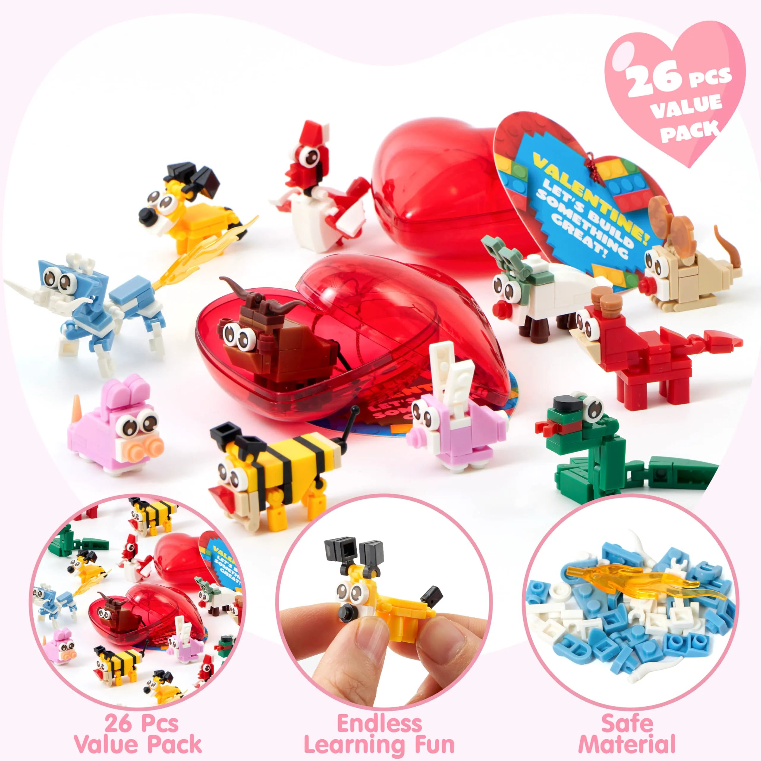 26 Building Blocks Animals with Prefilled Hearts and Kids Valentine's Cards