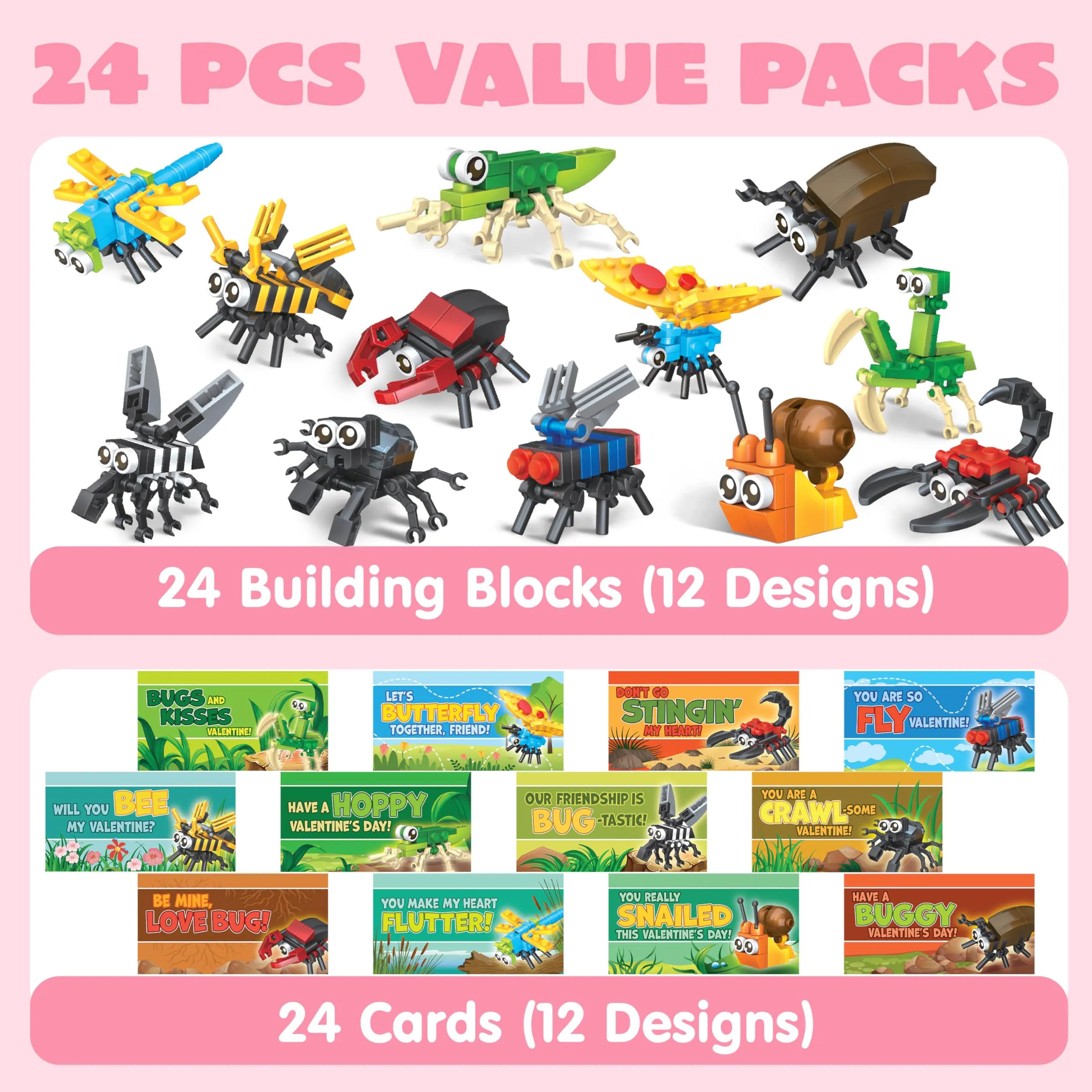 24 Pack Valentine's Day Building Block Gift Cards for Party Favors