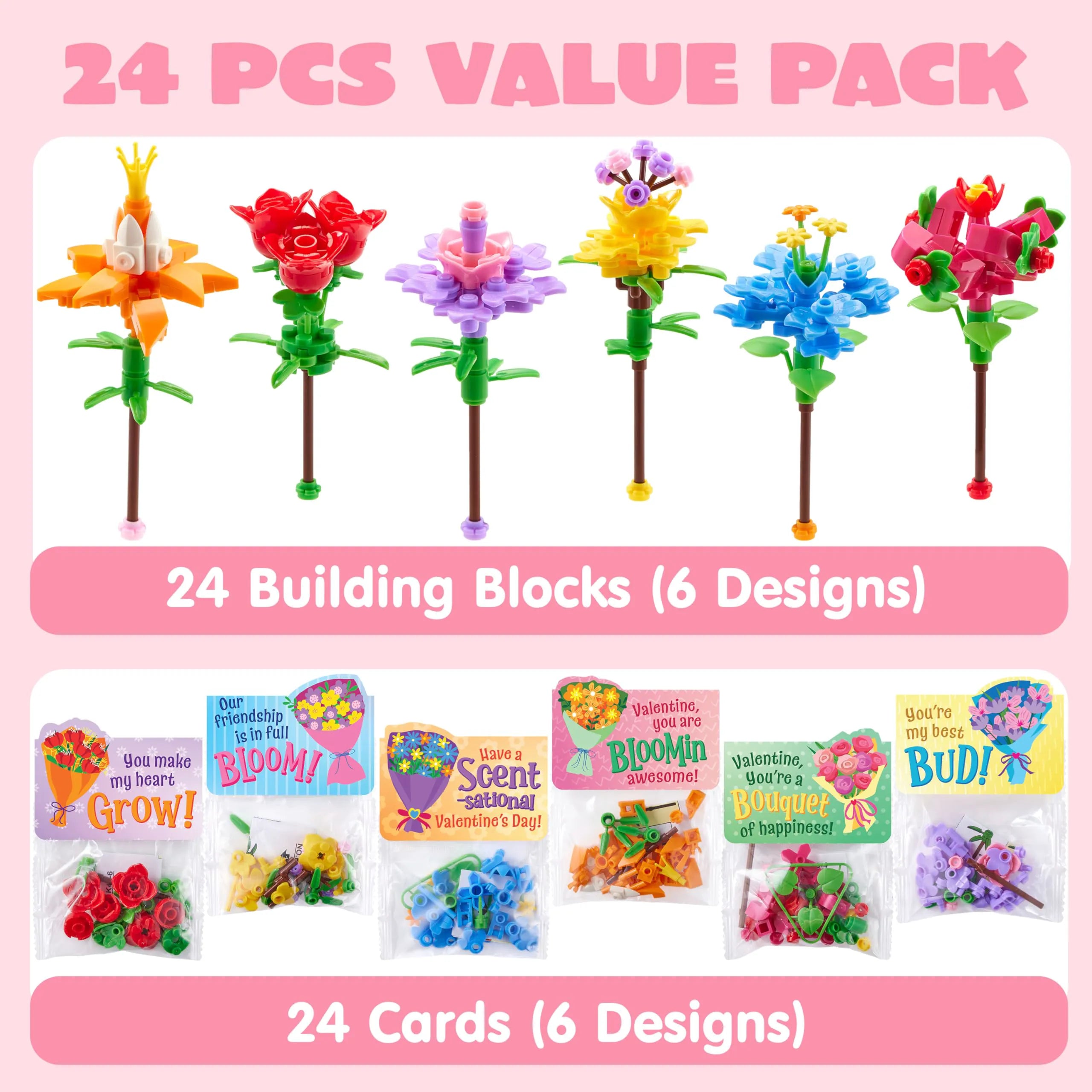 24-Piece Valentine's Day Flower Bouquet Building Blocks Set with Cards