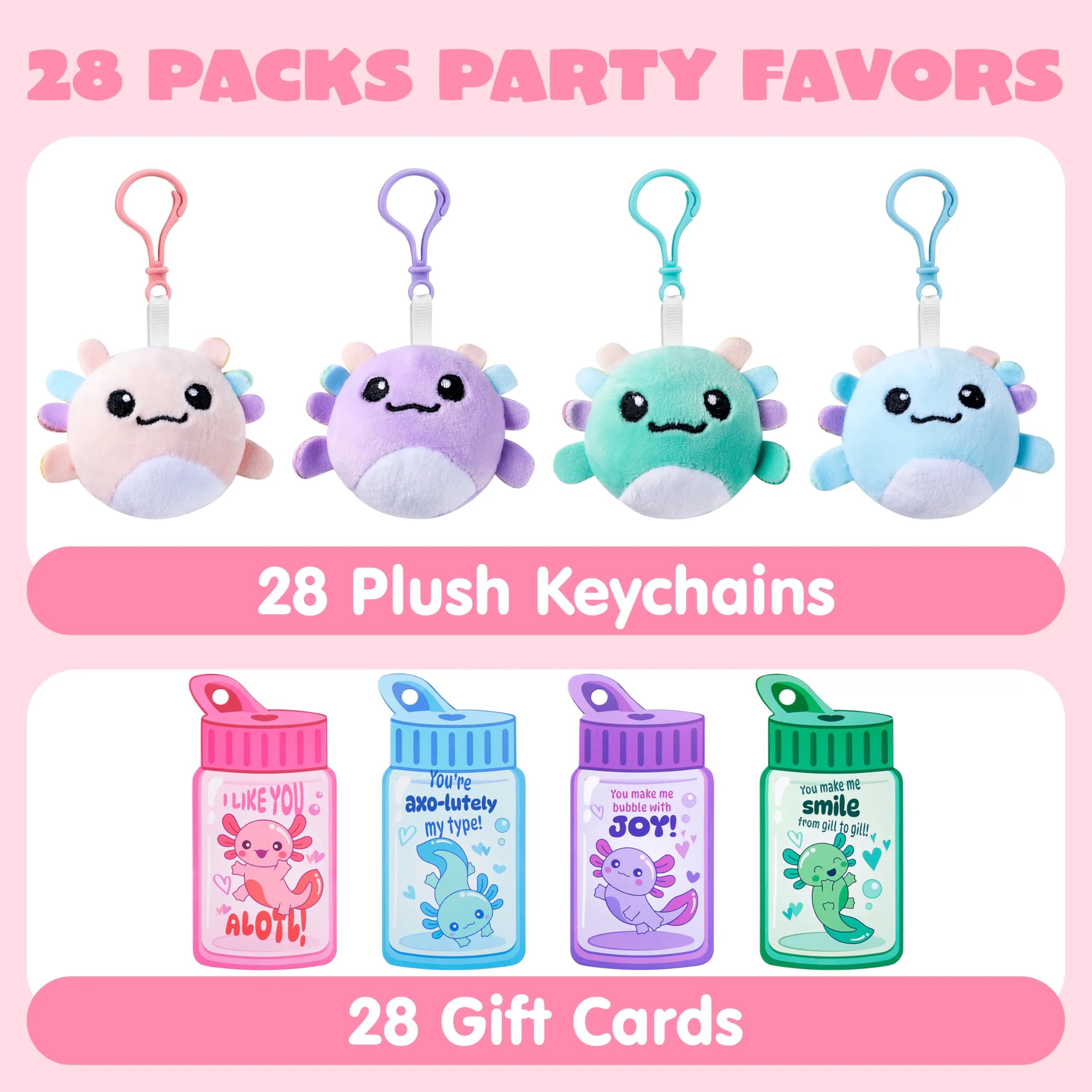 28 Pcs Kids Valentine's Day Cards with Axolotl Plush Toy Keychain