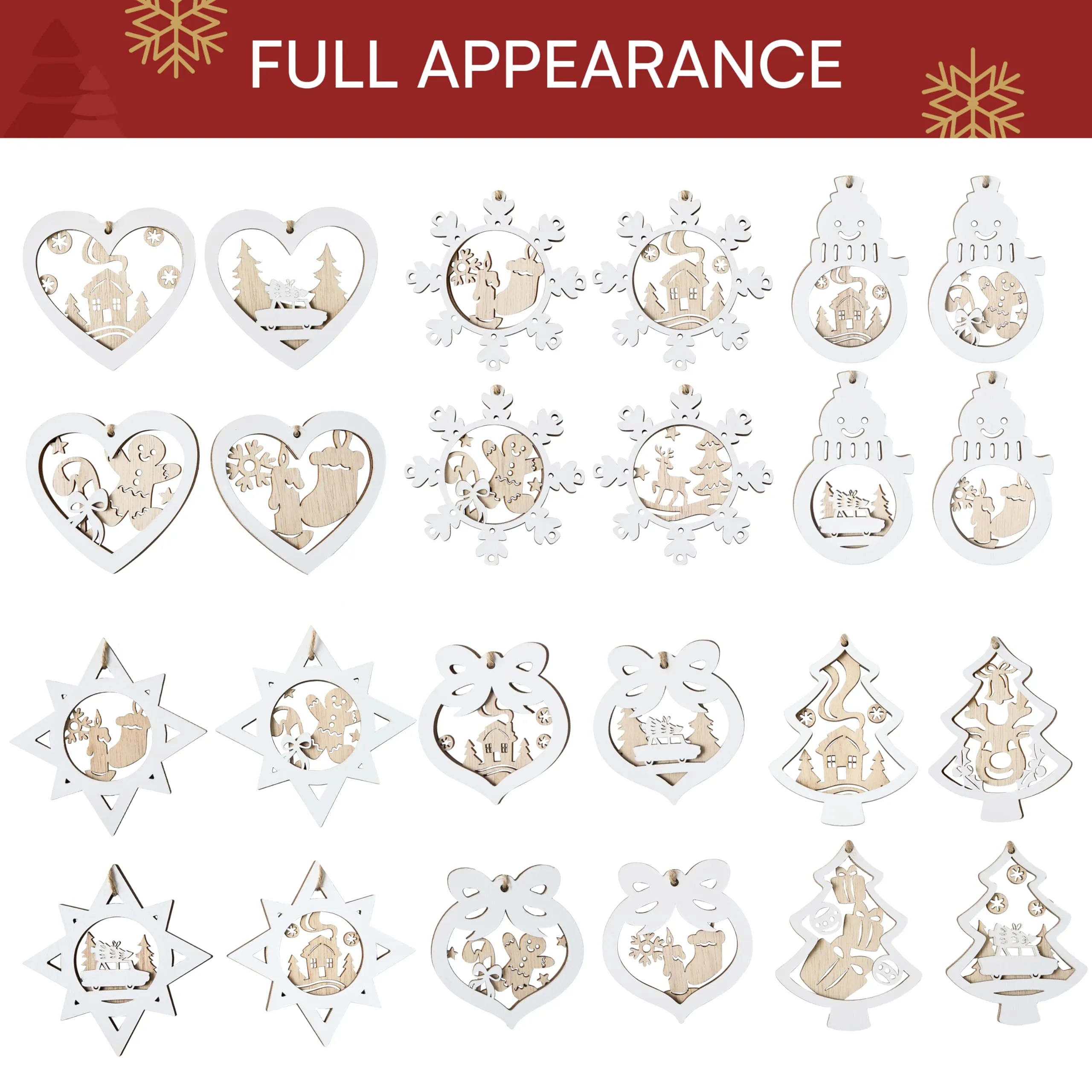 24 Pcs Christmas Wooden Carved Hanging Ornaments for Holiday Decor