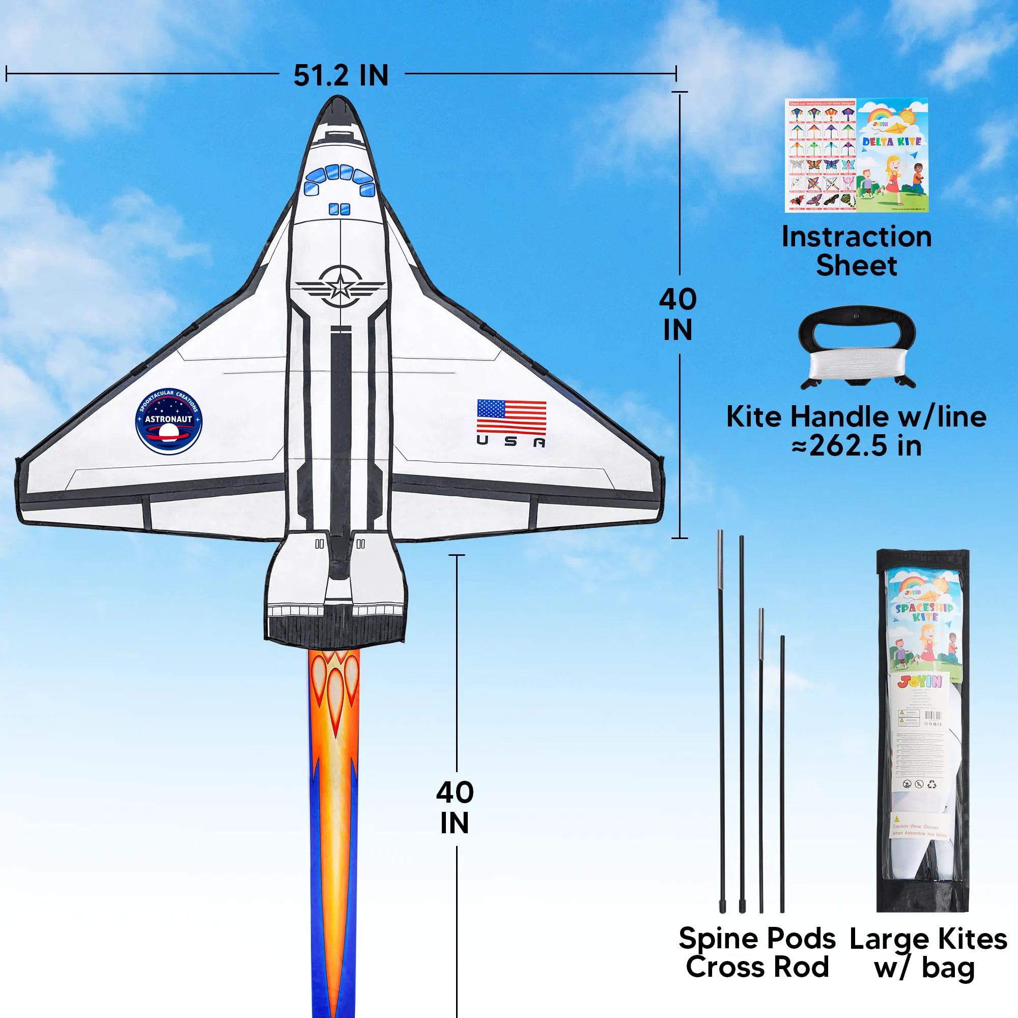 Spaceship Kite: Easy to Fly for Kids & Adults, 262.5 ft String