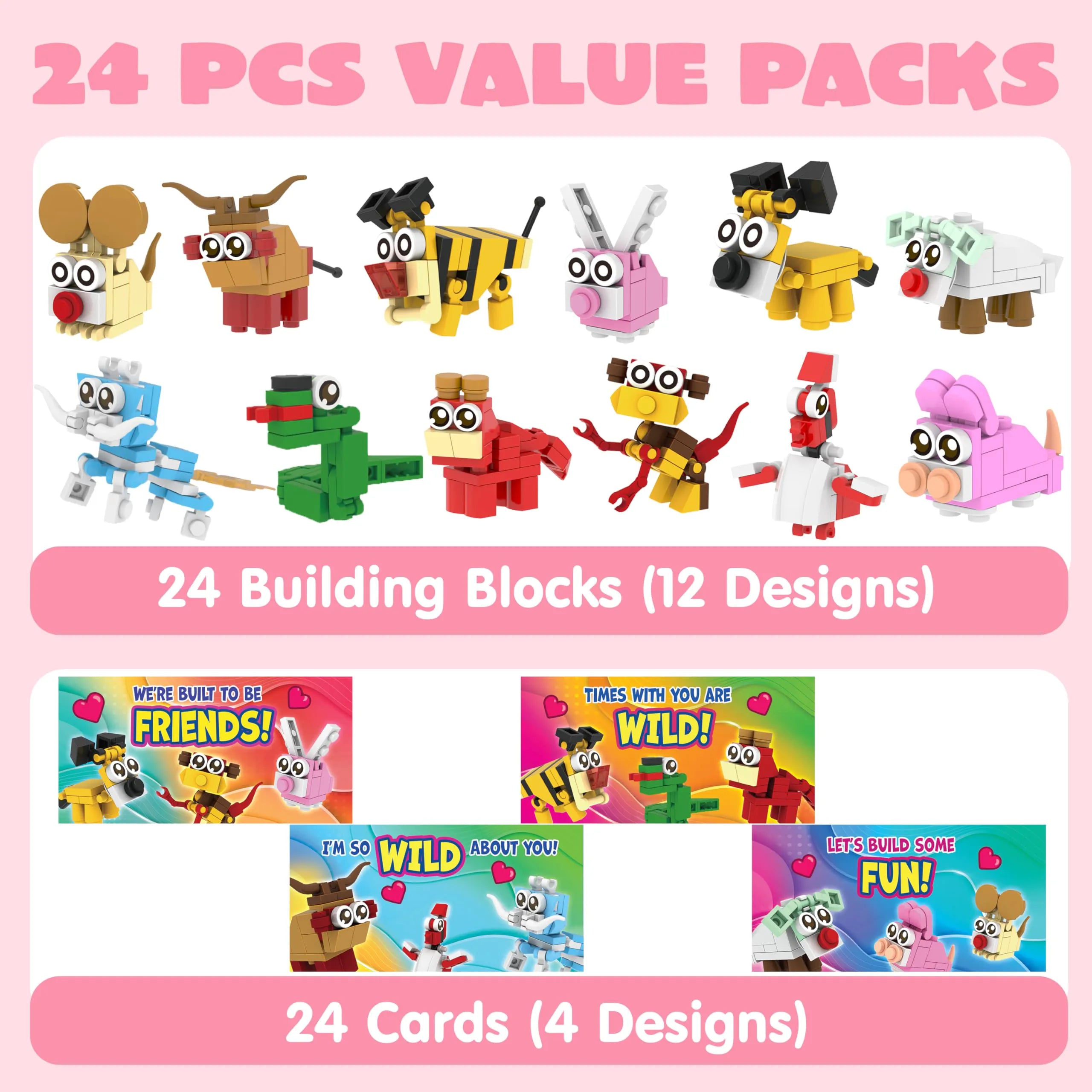 24 Pack Valentine's Day Cards with Animal Building Blocks - Party Favor Toys